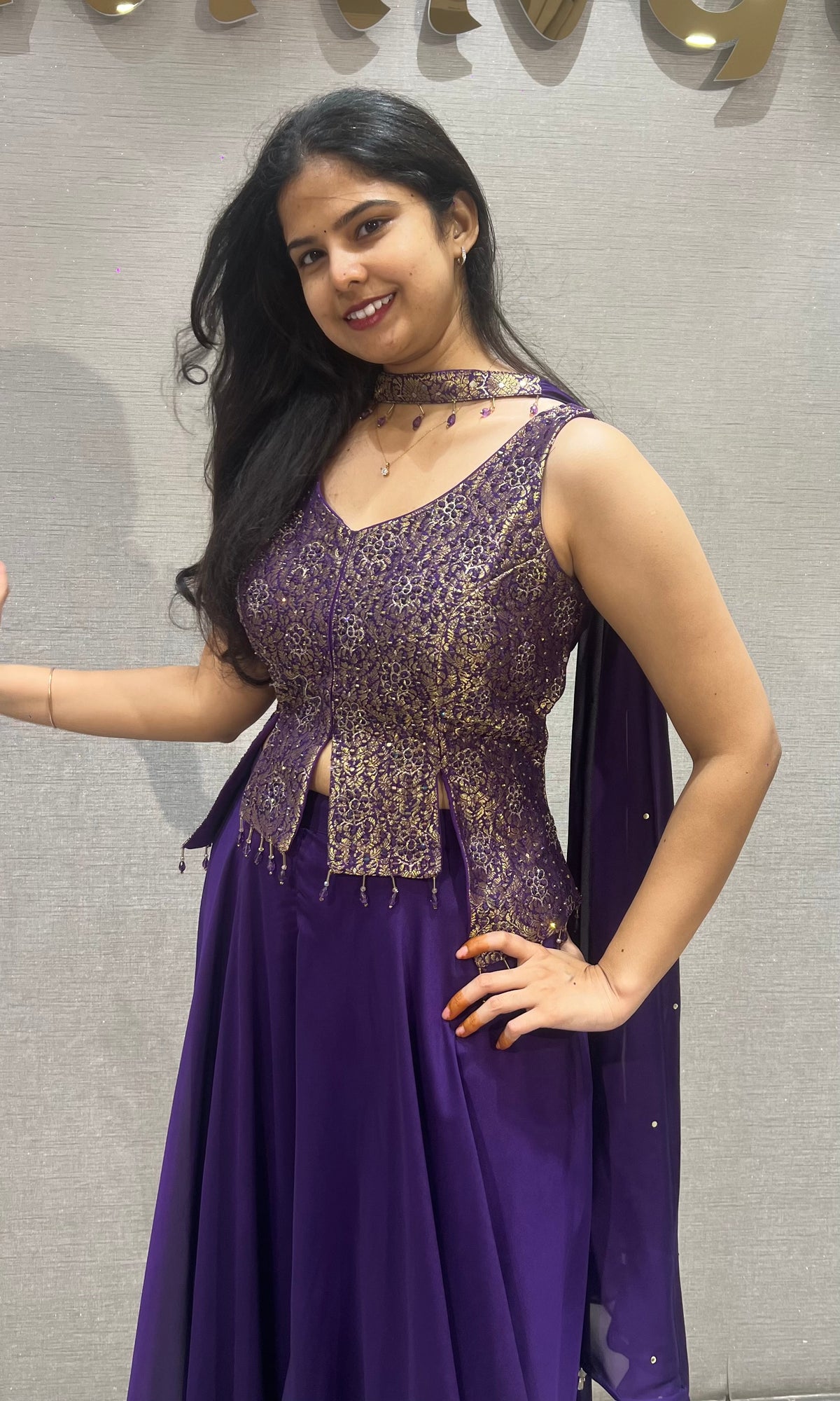 Purple silk Peplum Palazzo with Chiffon Blouse with dupatta