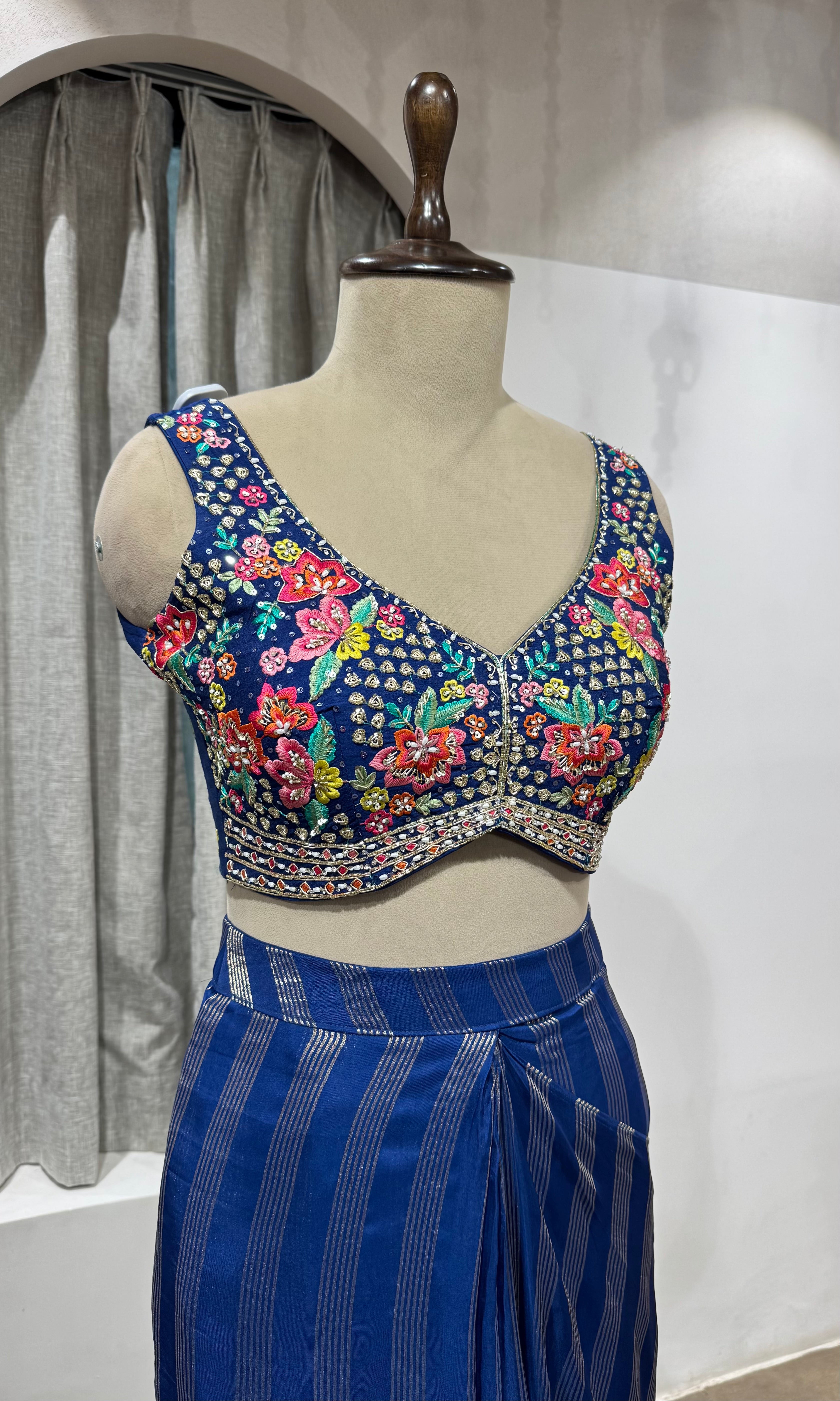 blue and silver striped Drape saree with intricate blouse
