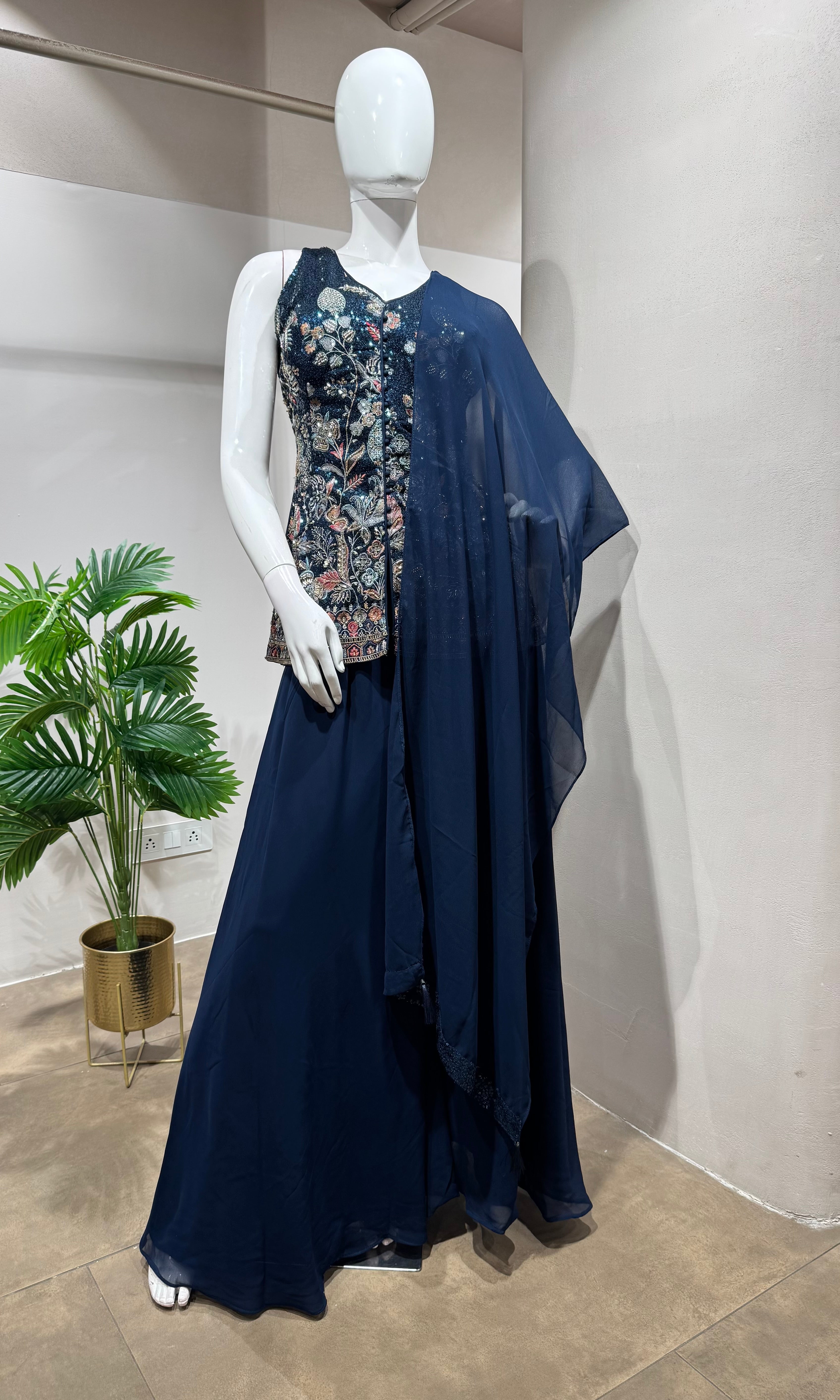 Navy blue georgette sequin palazzo suit