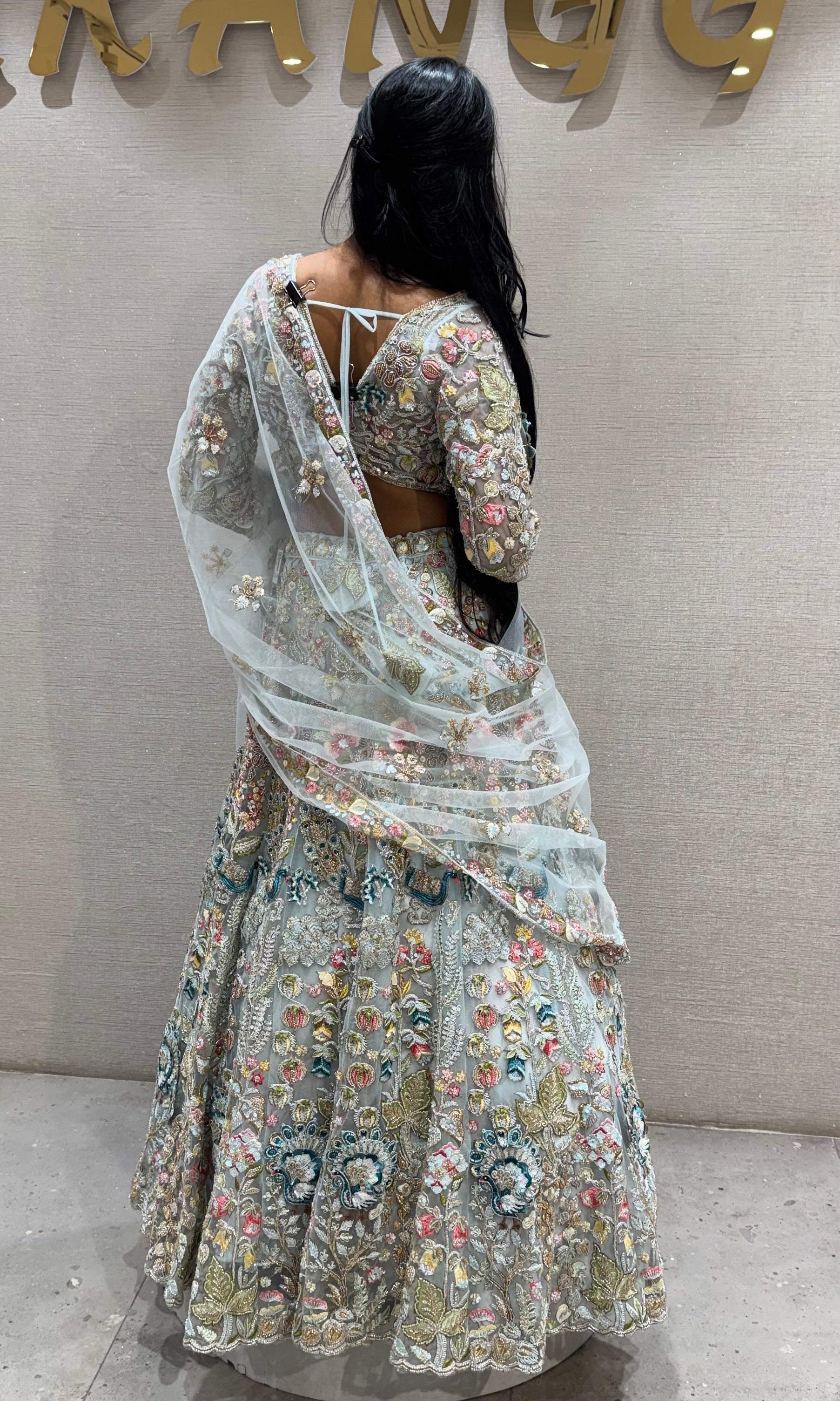 Mint Blue Multi-Color Floral Designer Bridal Lehenga