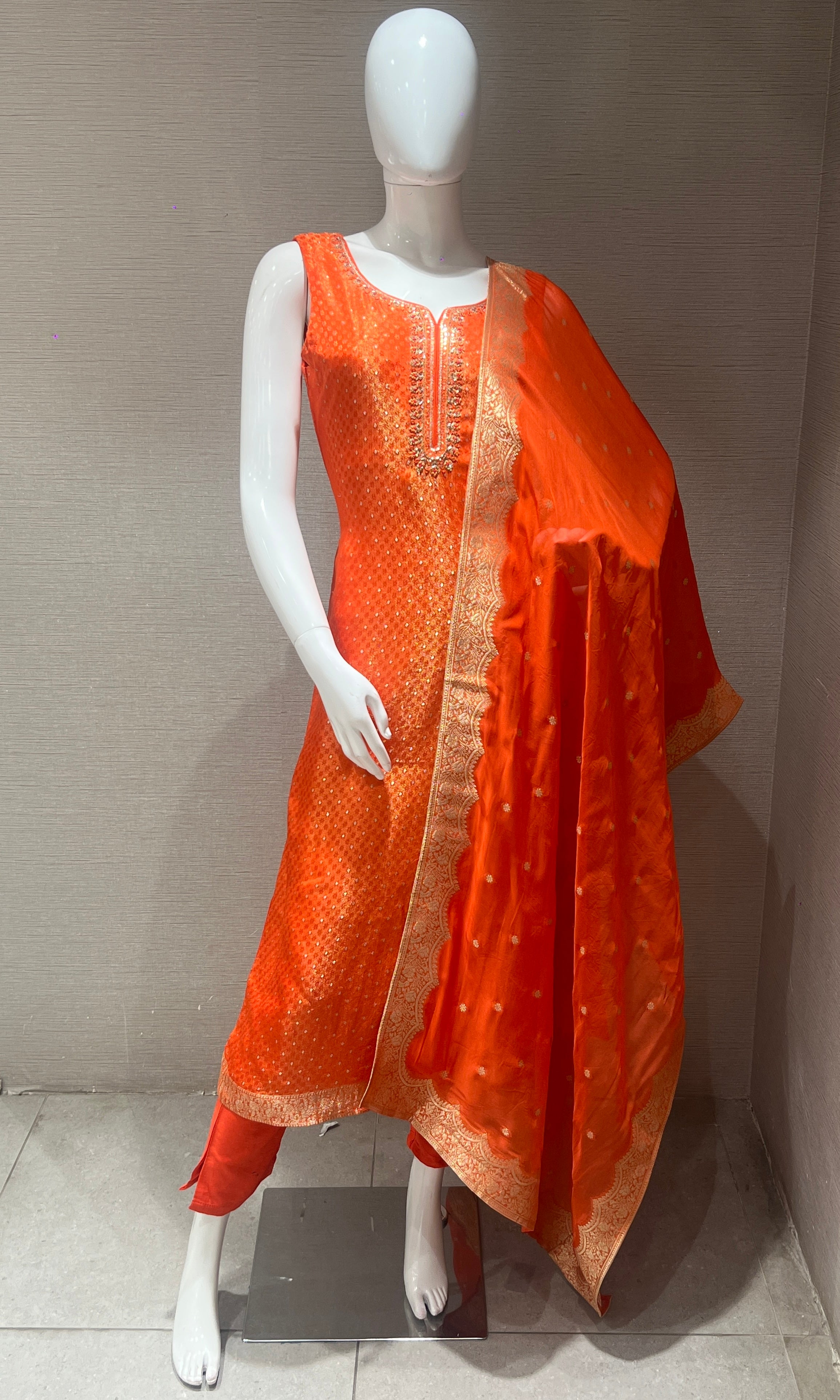 Orange Banarasi Silk Kurta Set