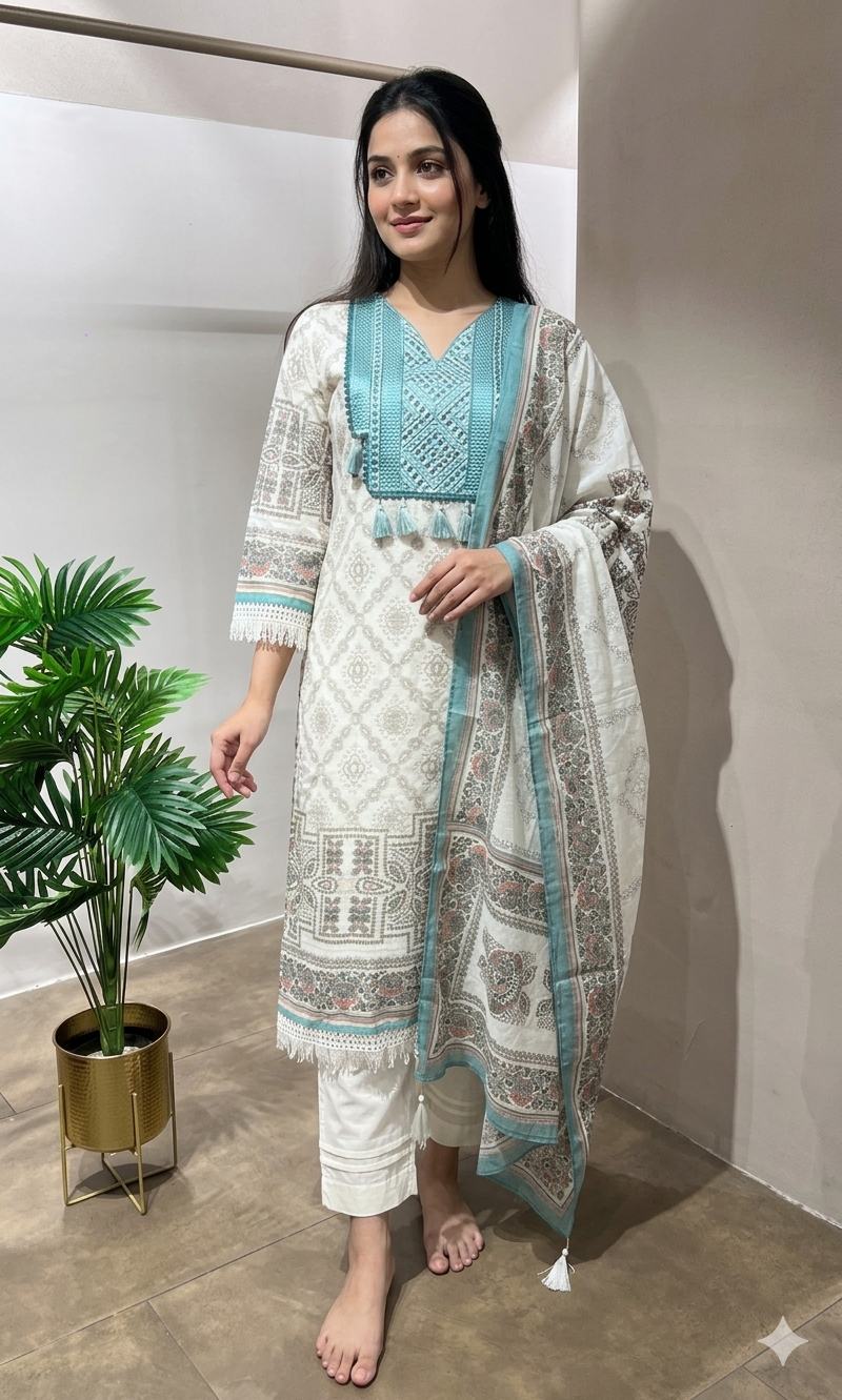 IVORY & BLUE COTTON KURTA SET