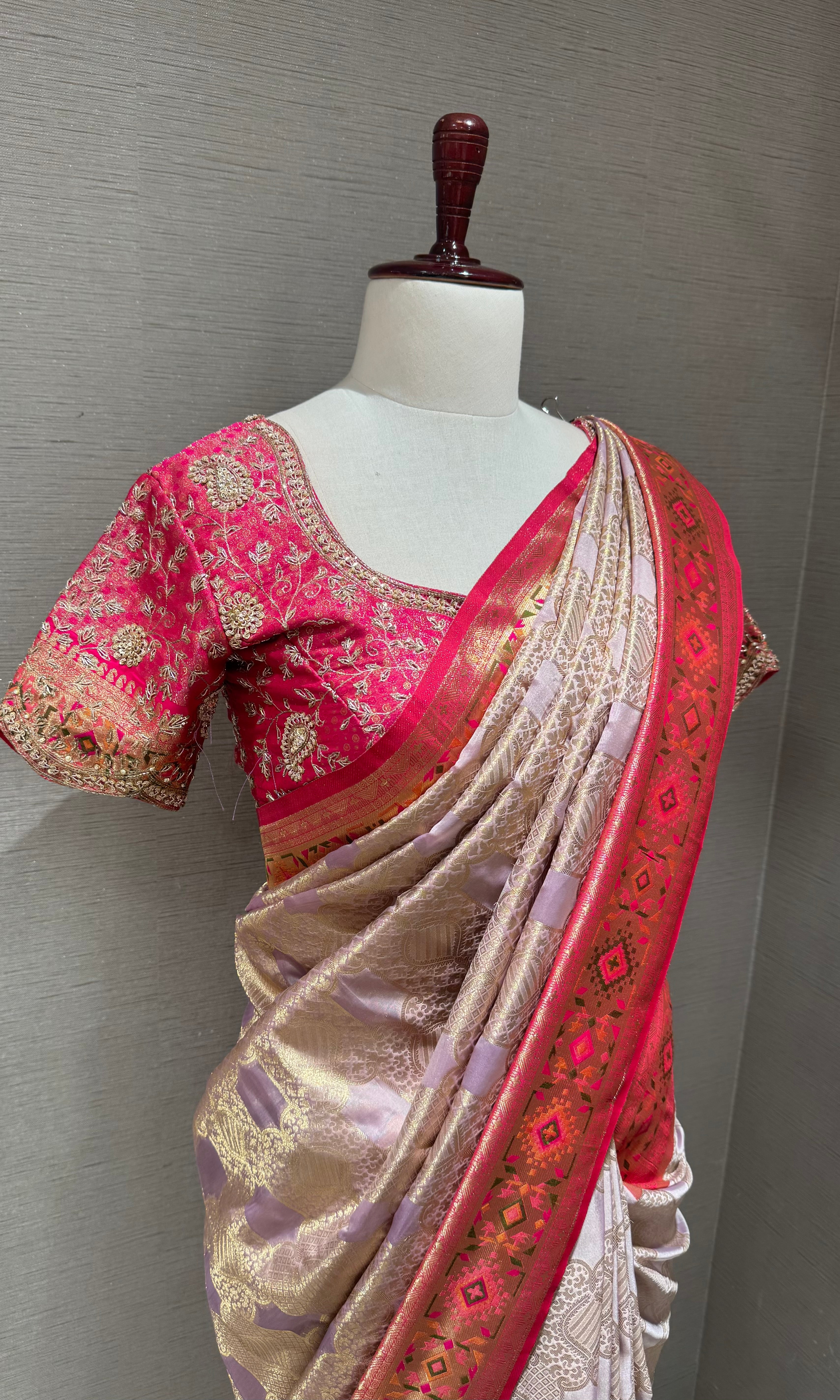 pink Kanchipuram silk saree with embroidered blouse