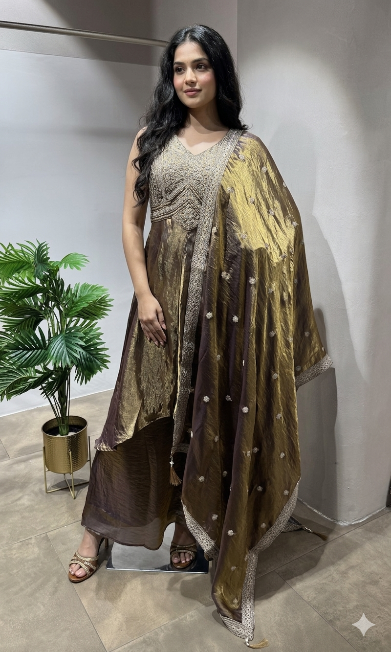 Brown gold shimmer tissue A line anarkali