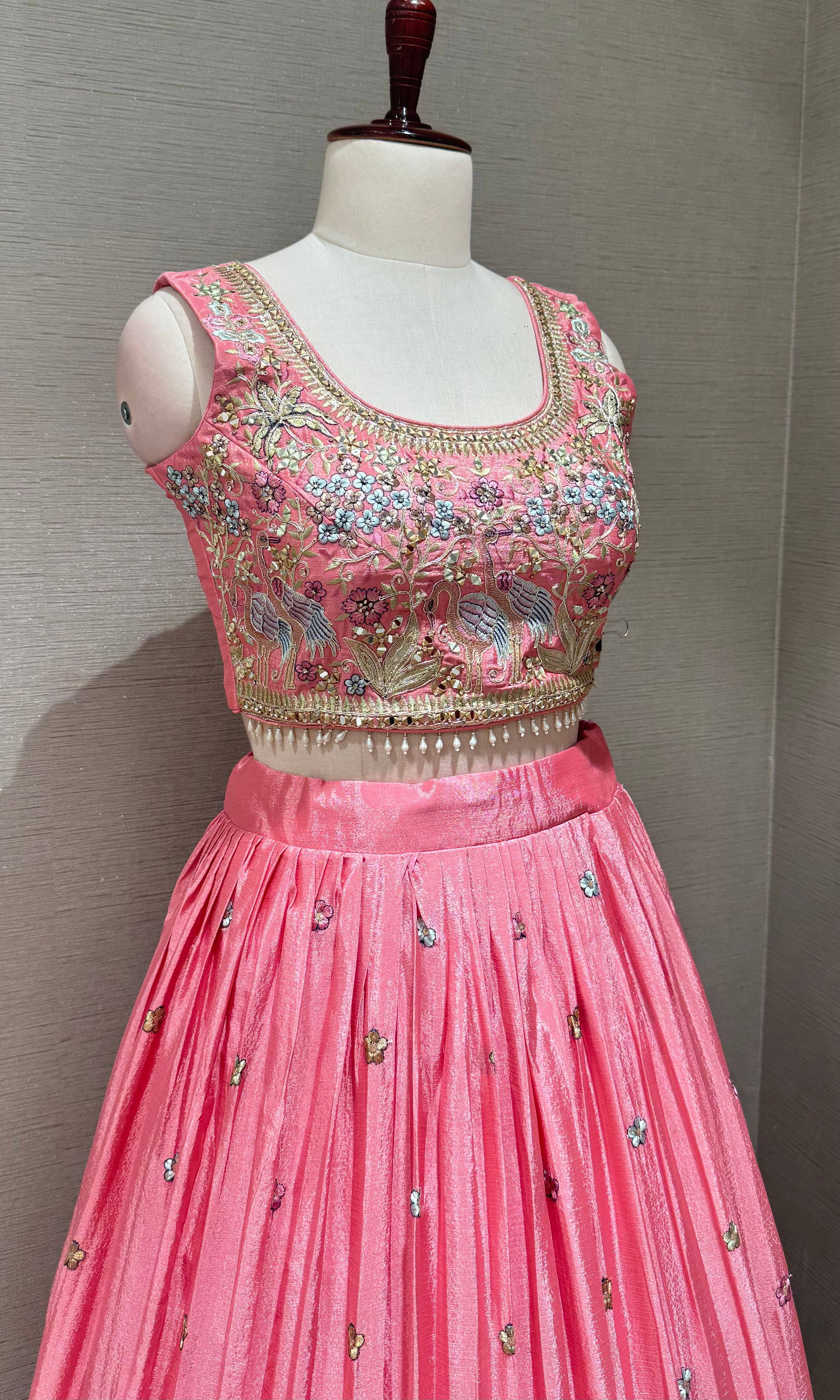 blush Pink Tissue silk Forest Floral Lehenga set