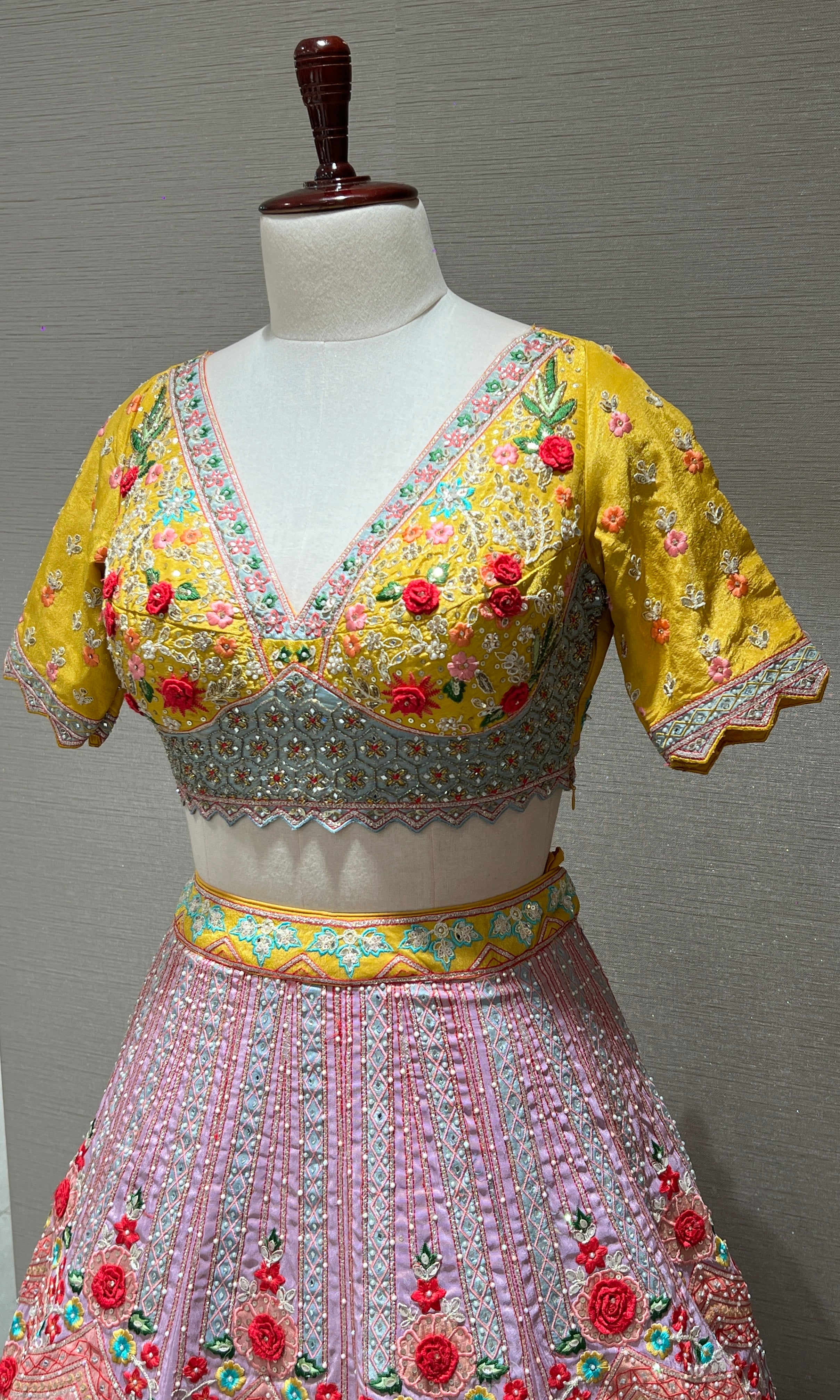 Lilac and Yellow Floral Embroidered Lehenga
