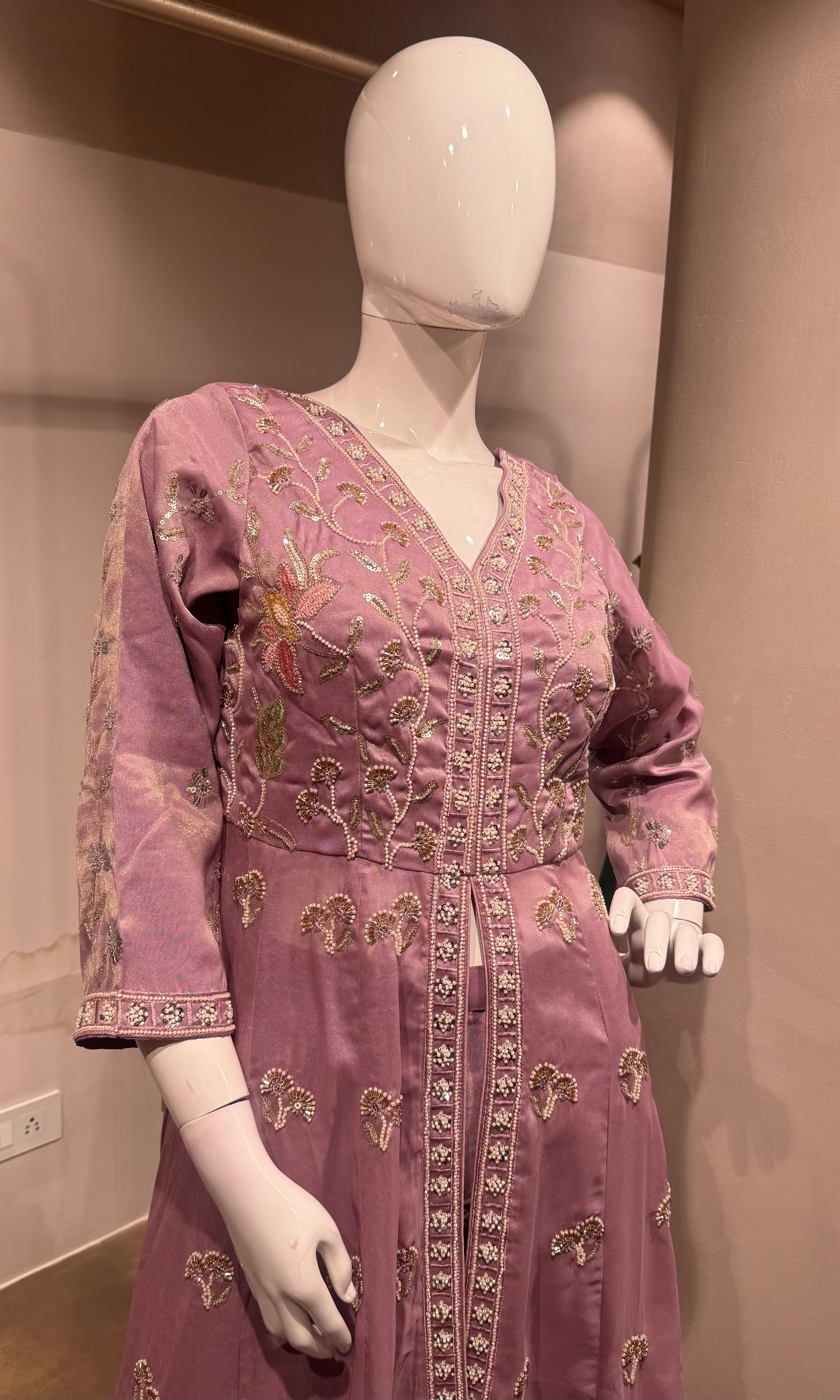 Lavender floral front slit Anarkali set
