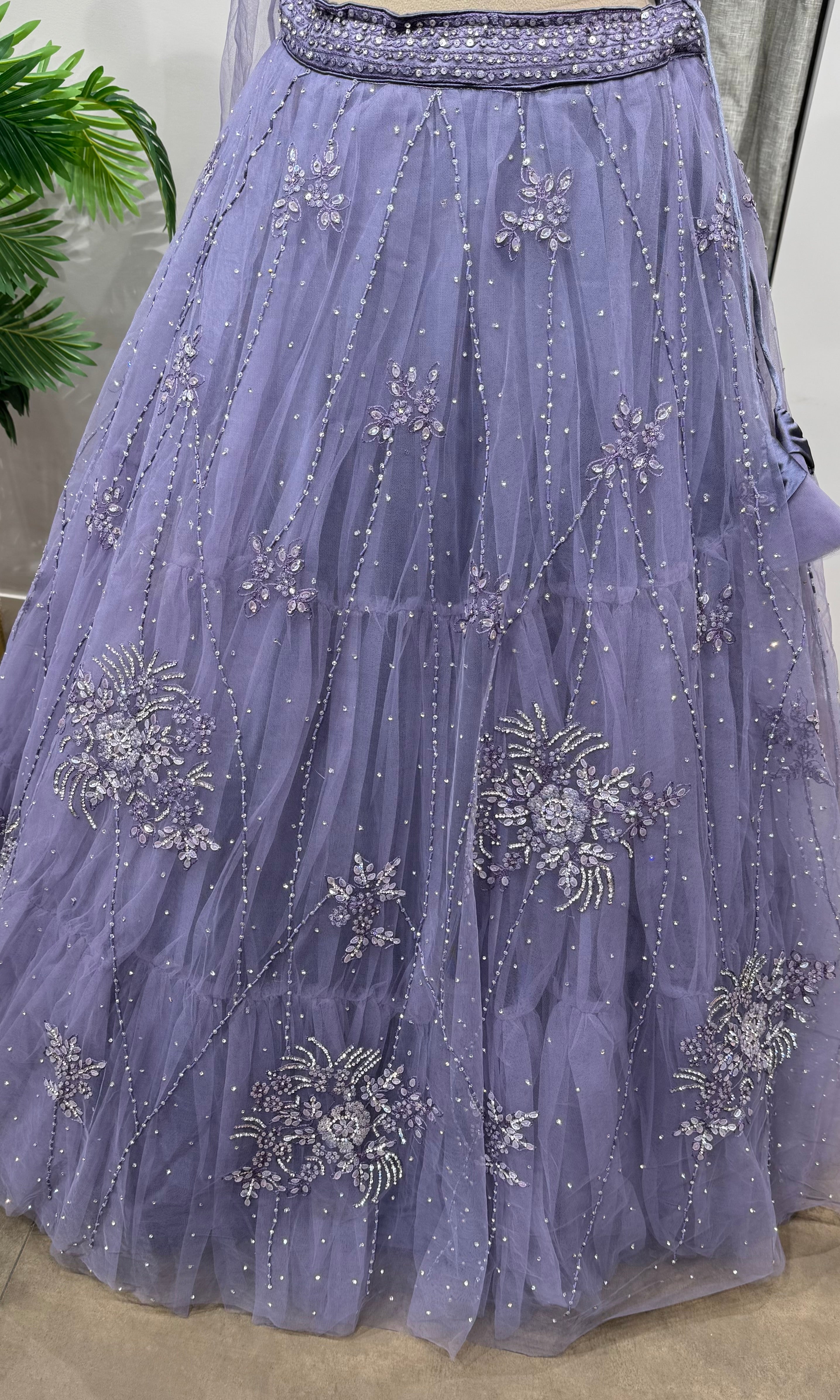 PURPLE FLORAL EMBROIDERED NETTED CROP TOP LEHENGA