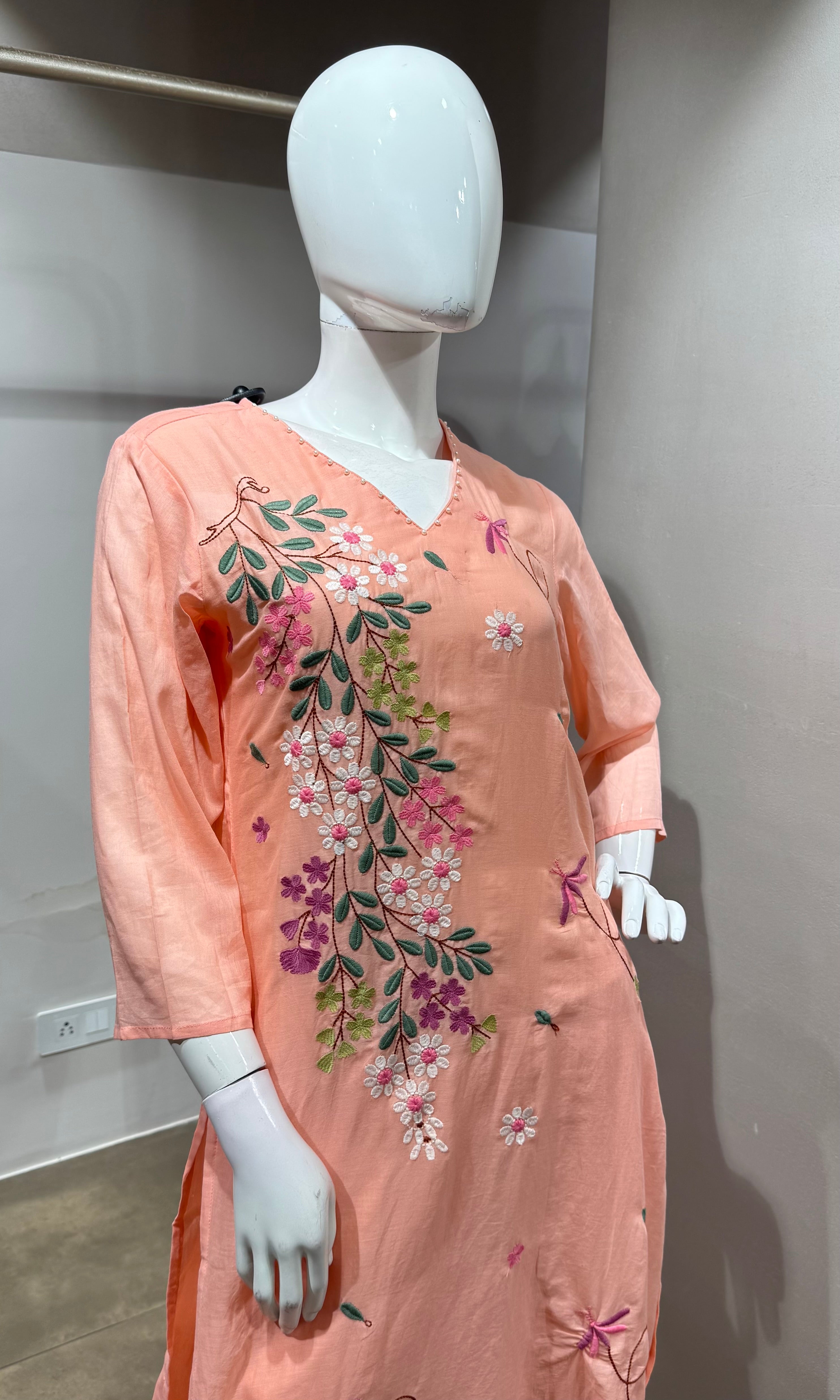 Peach Pastel Floral Embroidered Kurta Set with Dupatta