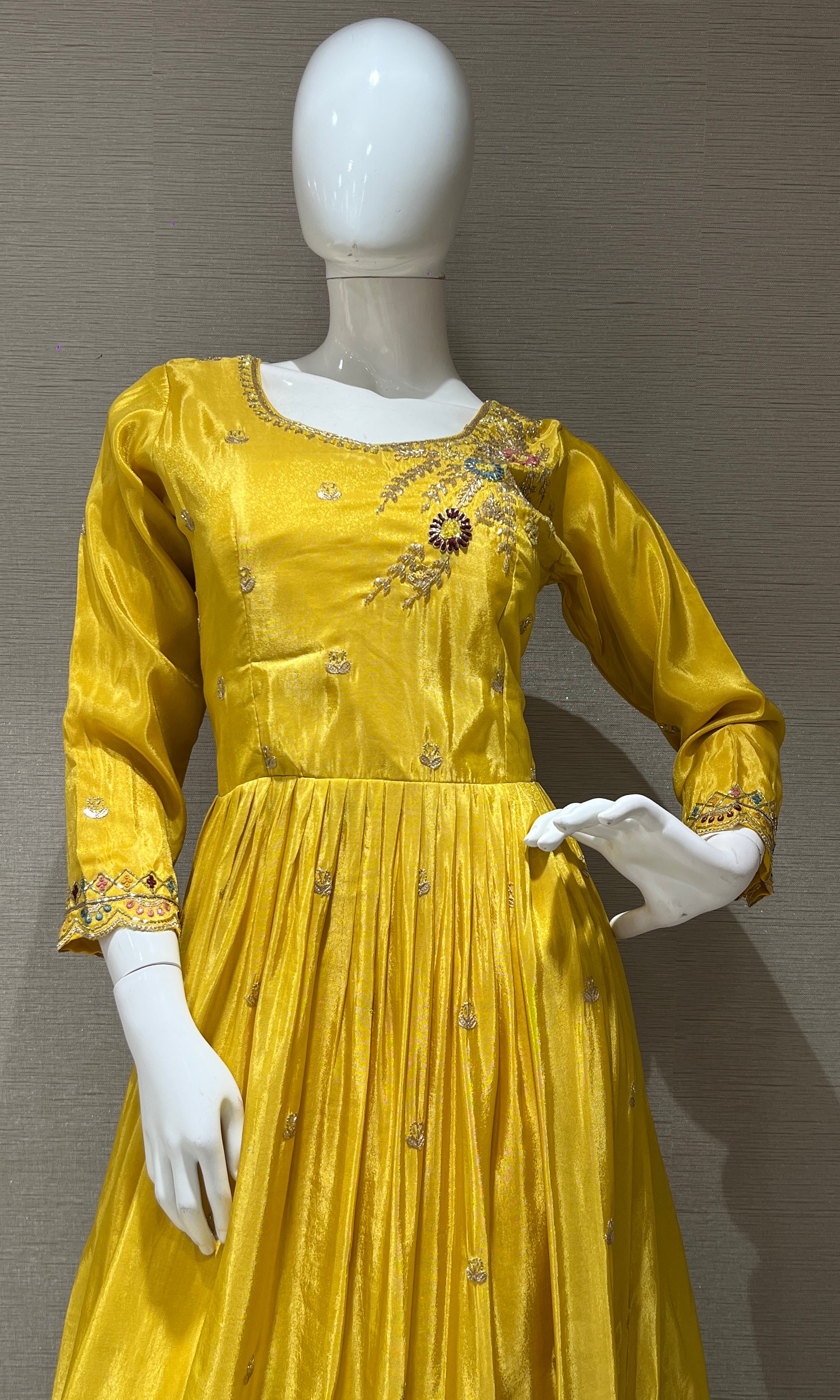 yellow long anarkali with stones embroidered