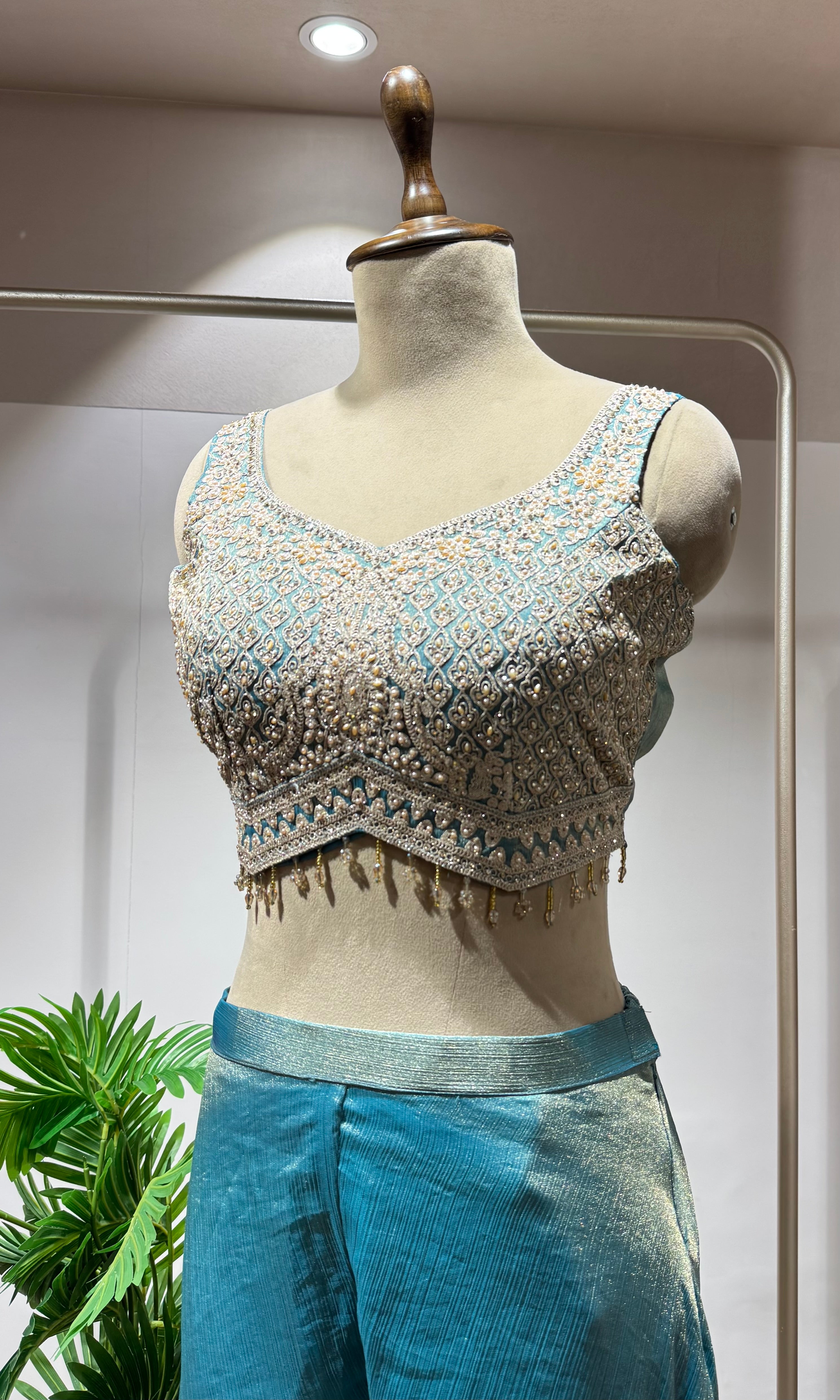 Sea green CROP TOP PALAZZO WITH CAPE