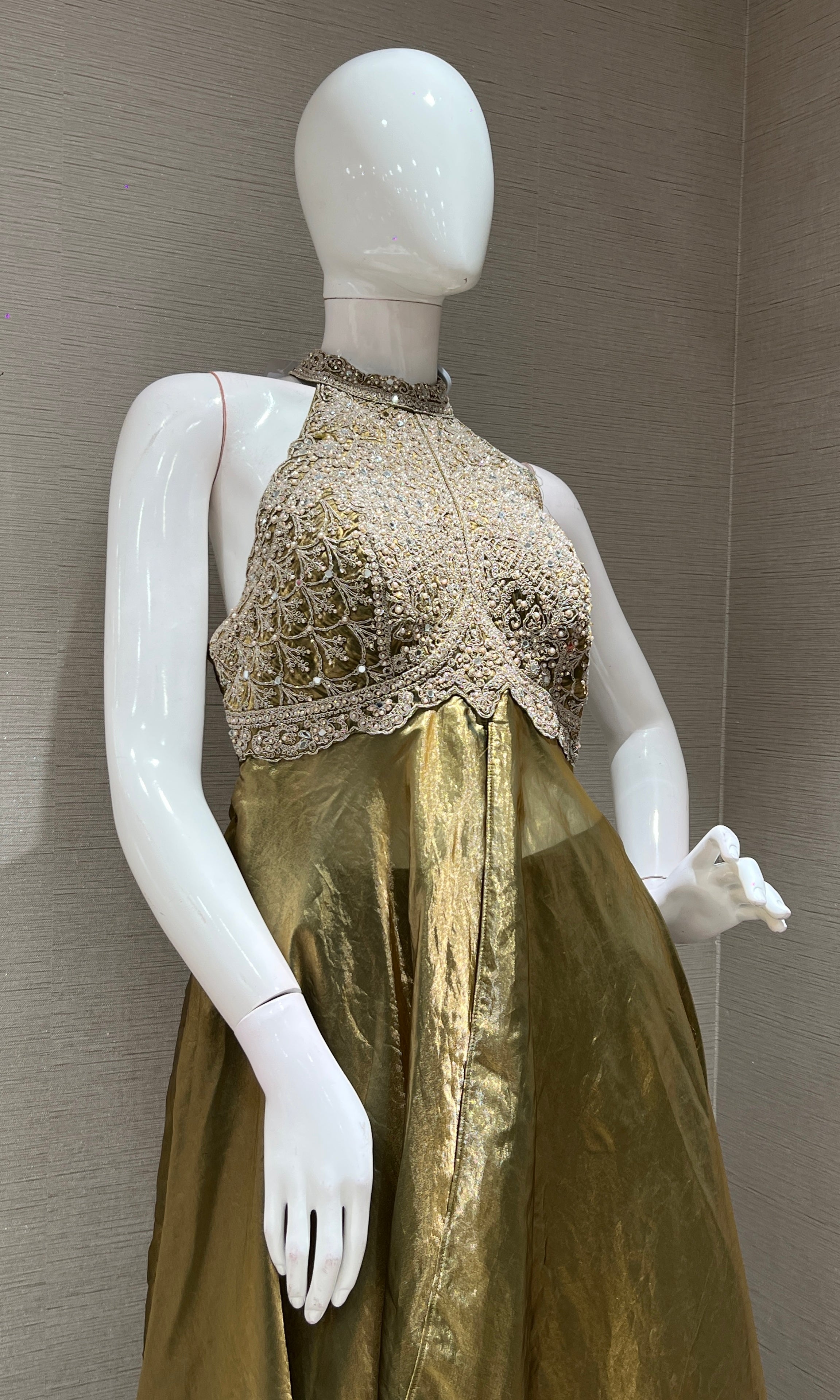 GREEN HALTER NECK ANARKALI WITH FLARED PANTS