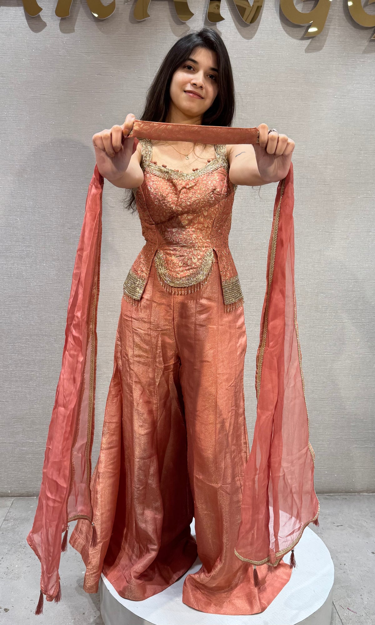 Peach Shimmer Embroidered Corset Crop Top with Palazzo Set & dupatta