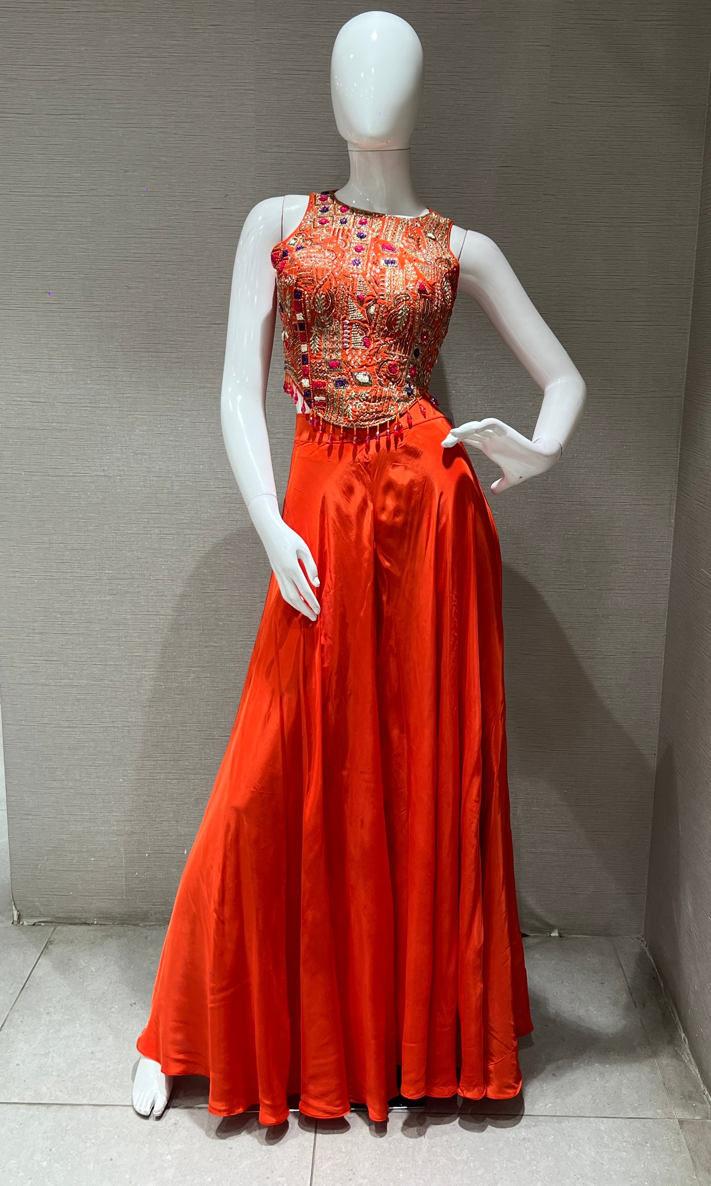 orange and gold embroidered palazzo set