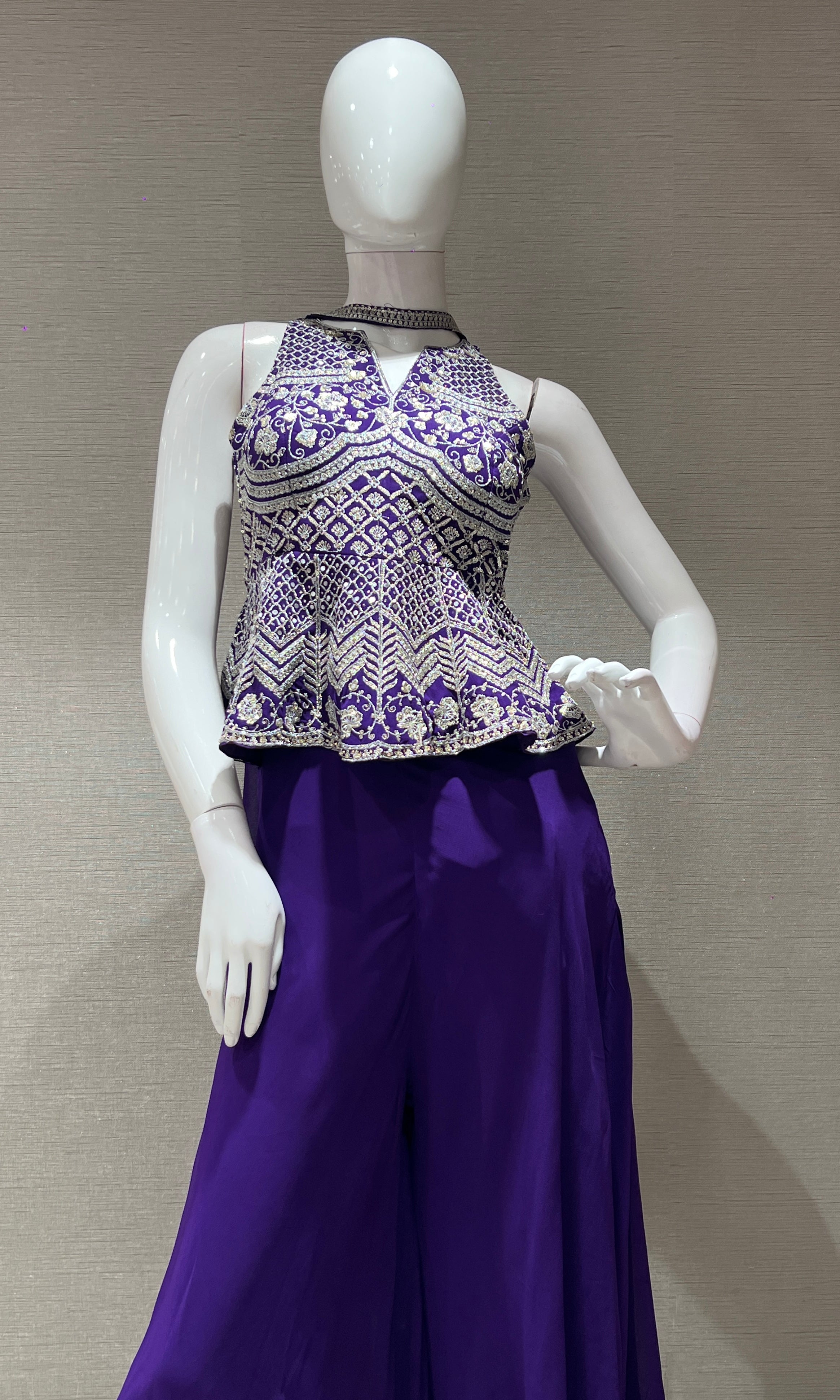 PURPLE EMBROIDERED PEPLUM Palazzo set