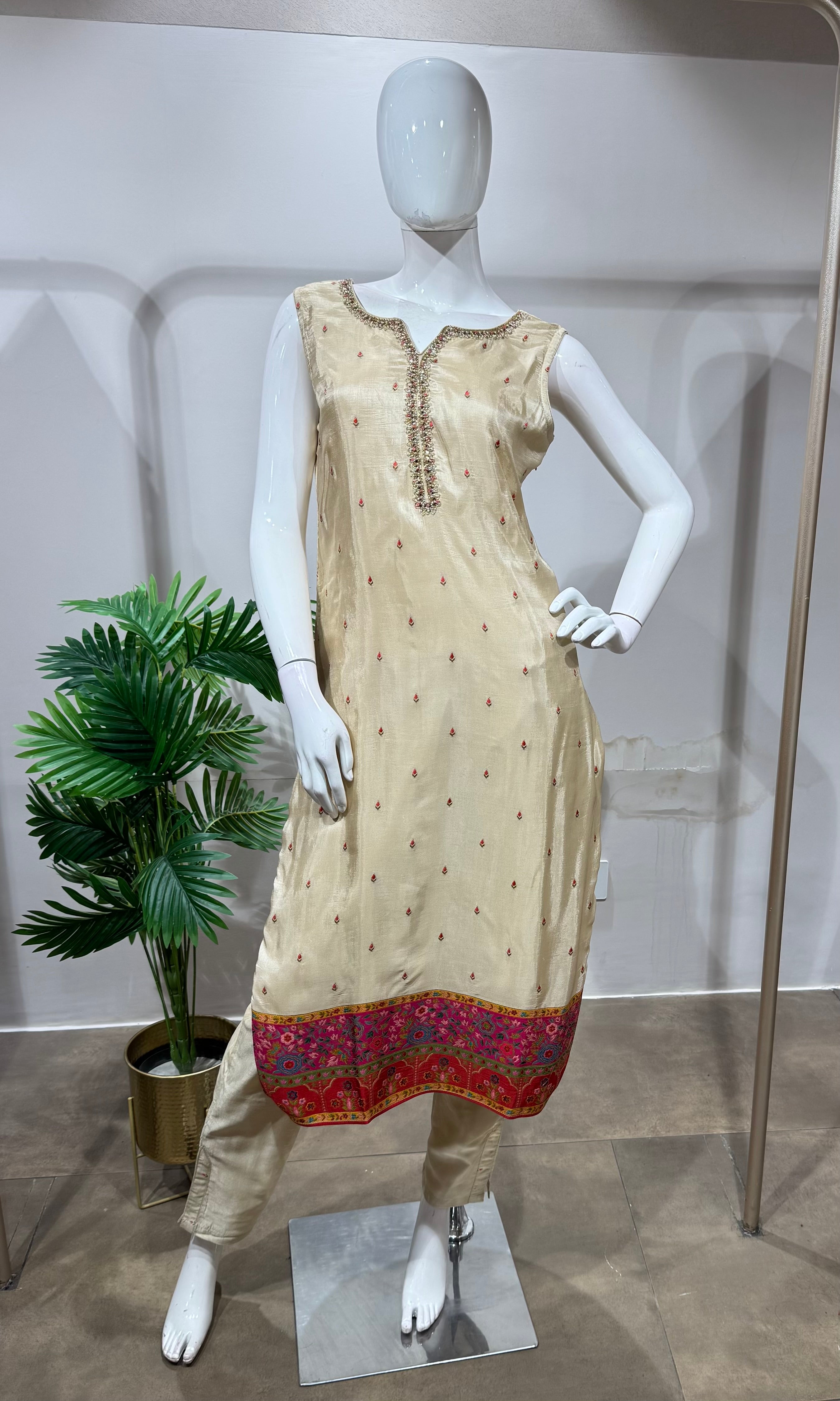Royal Cream Silk Embroidered straight cut