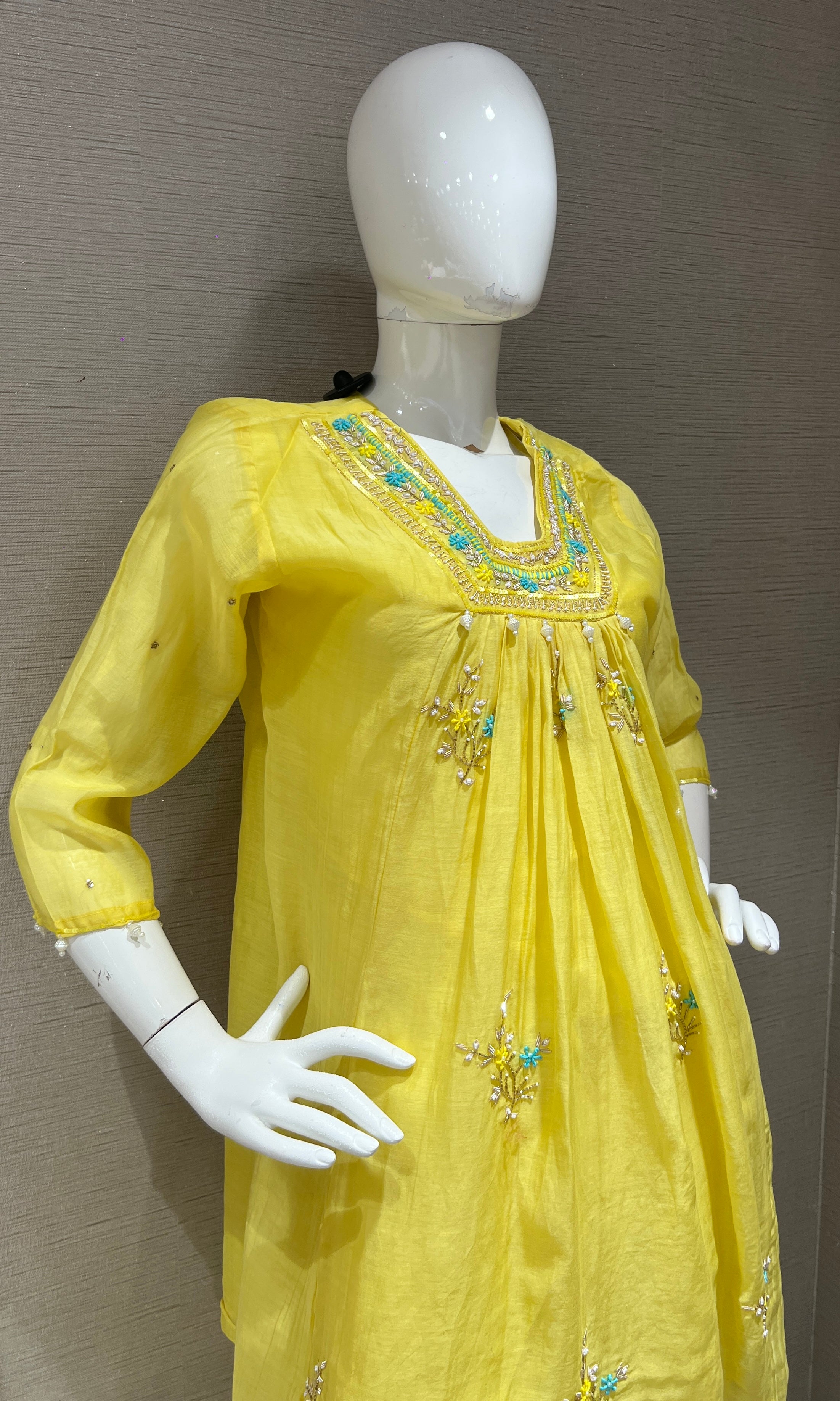 Yellow Long Sleeve Tunic Kurti with botttom