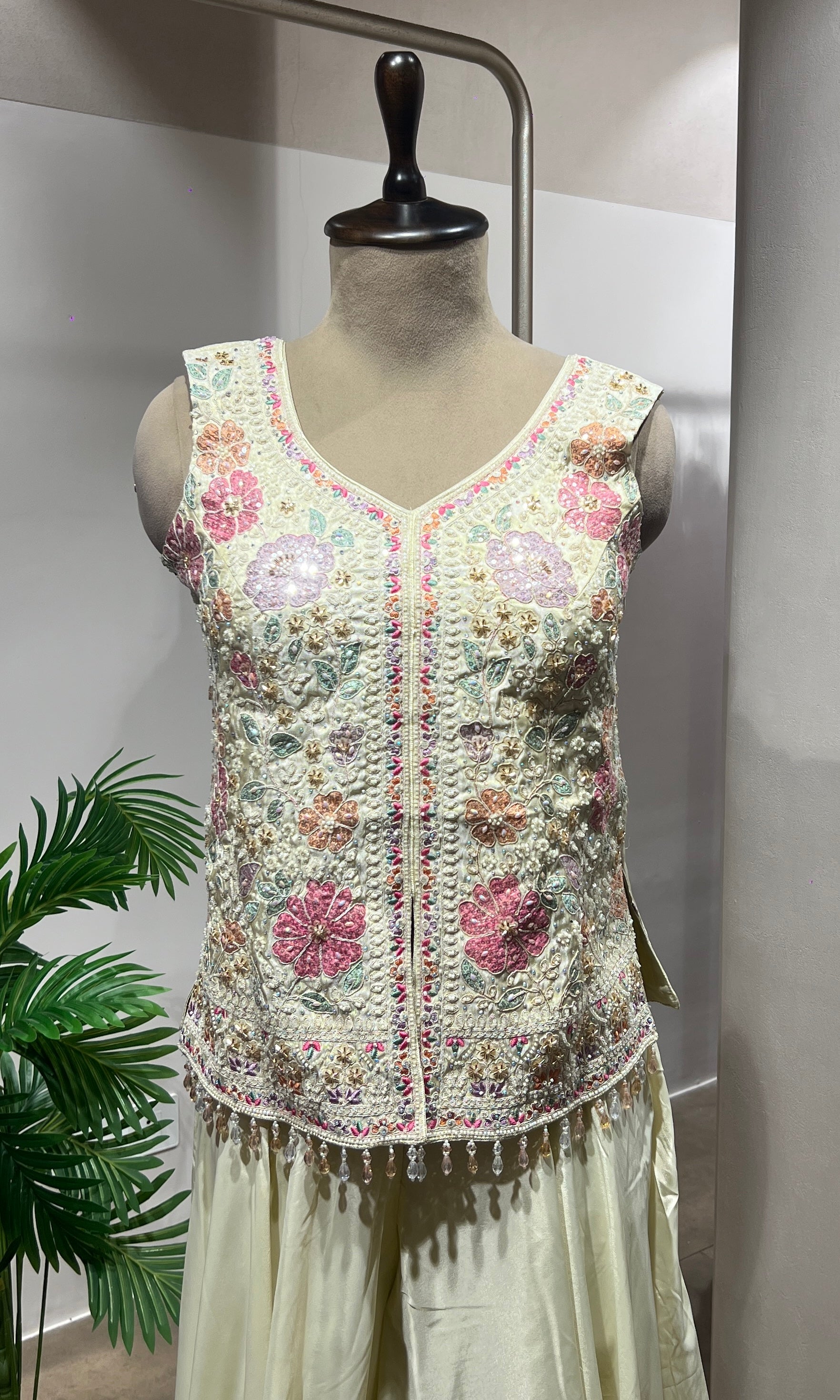 Cream Floral Embroidered Palazzo Suit