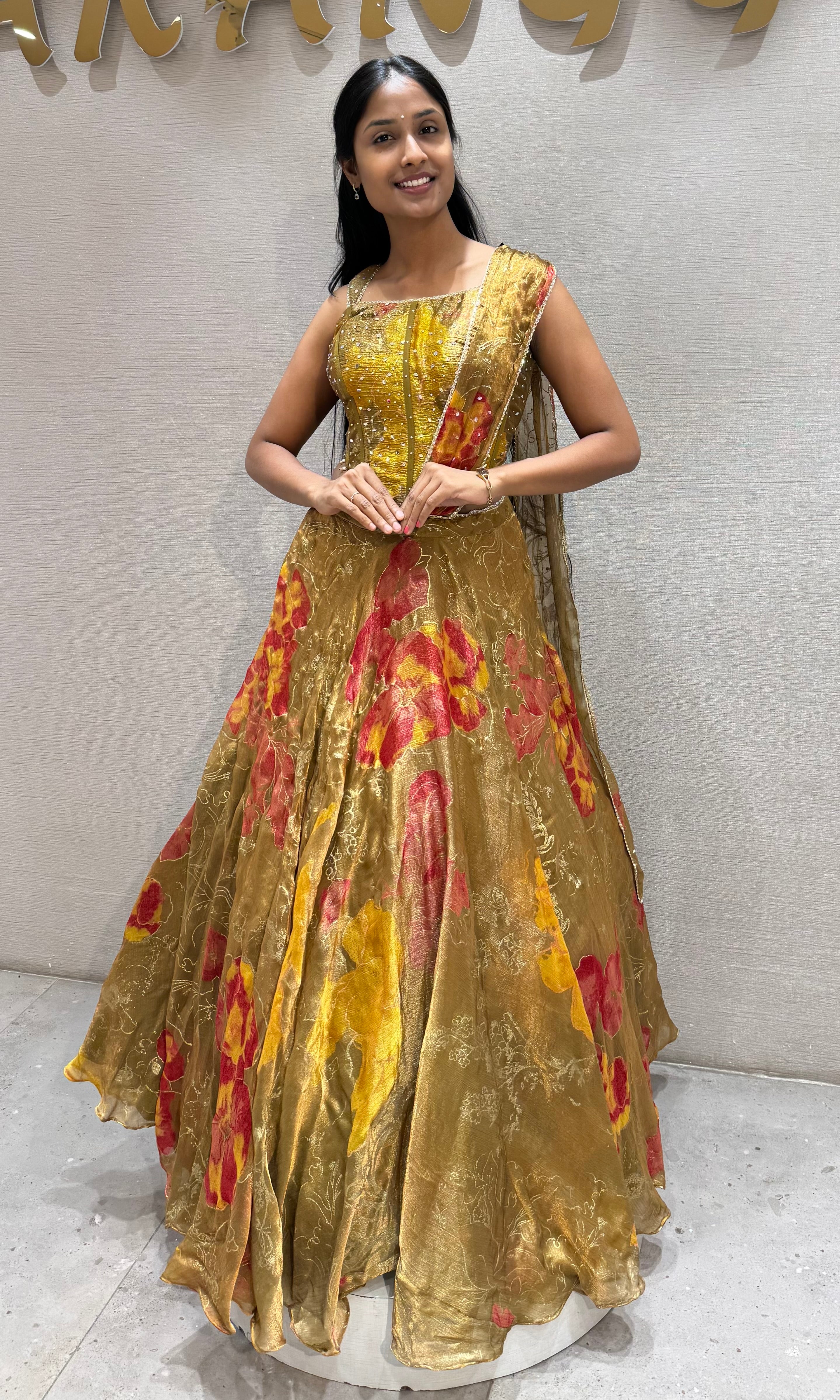 Golden Green Shimmering Organza Lehenga set