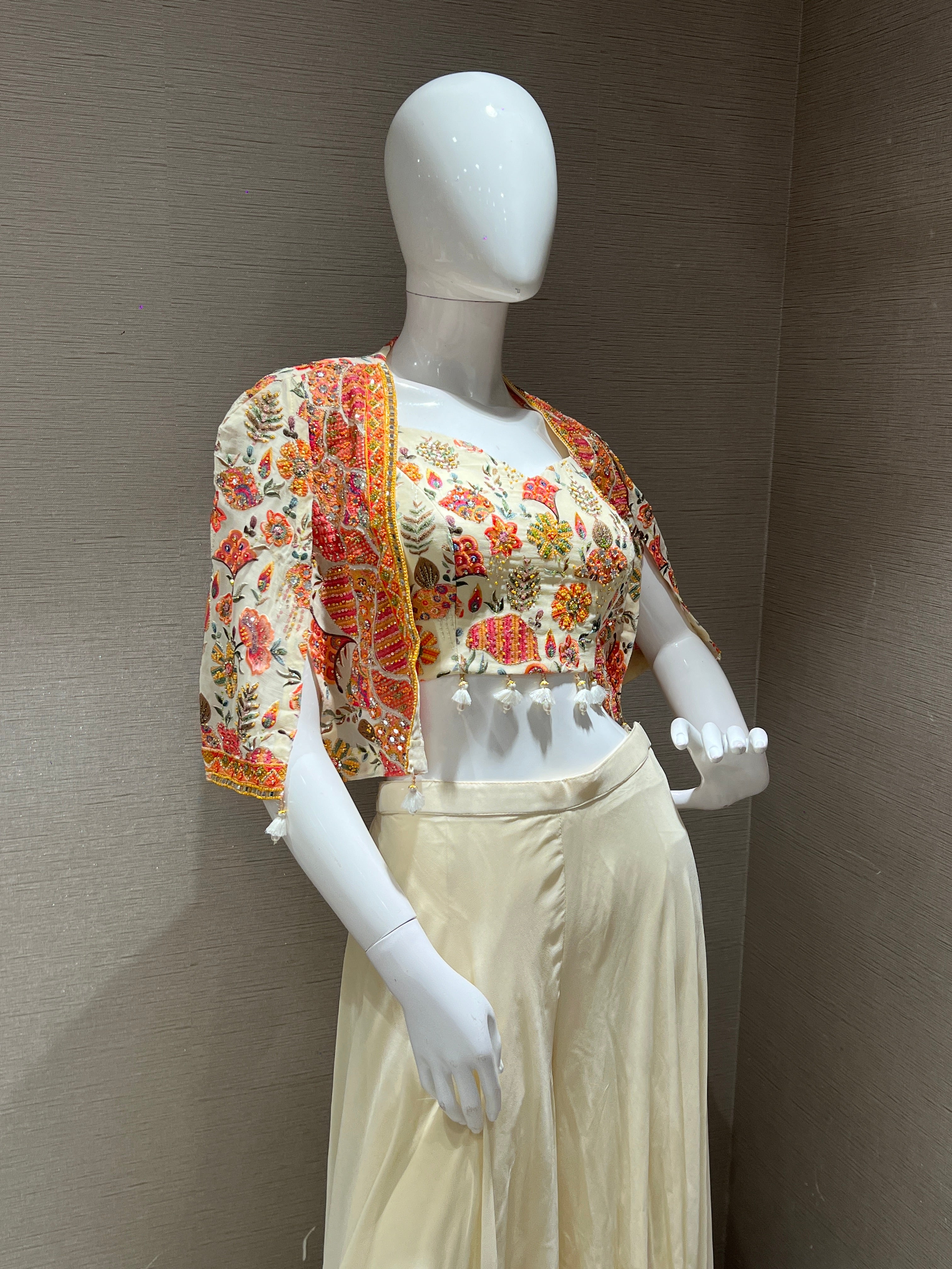 Ivory Floral Crop Top with Jacket and Palazzo