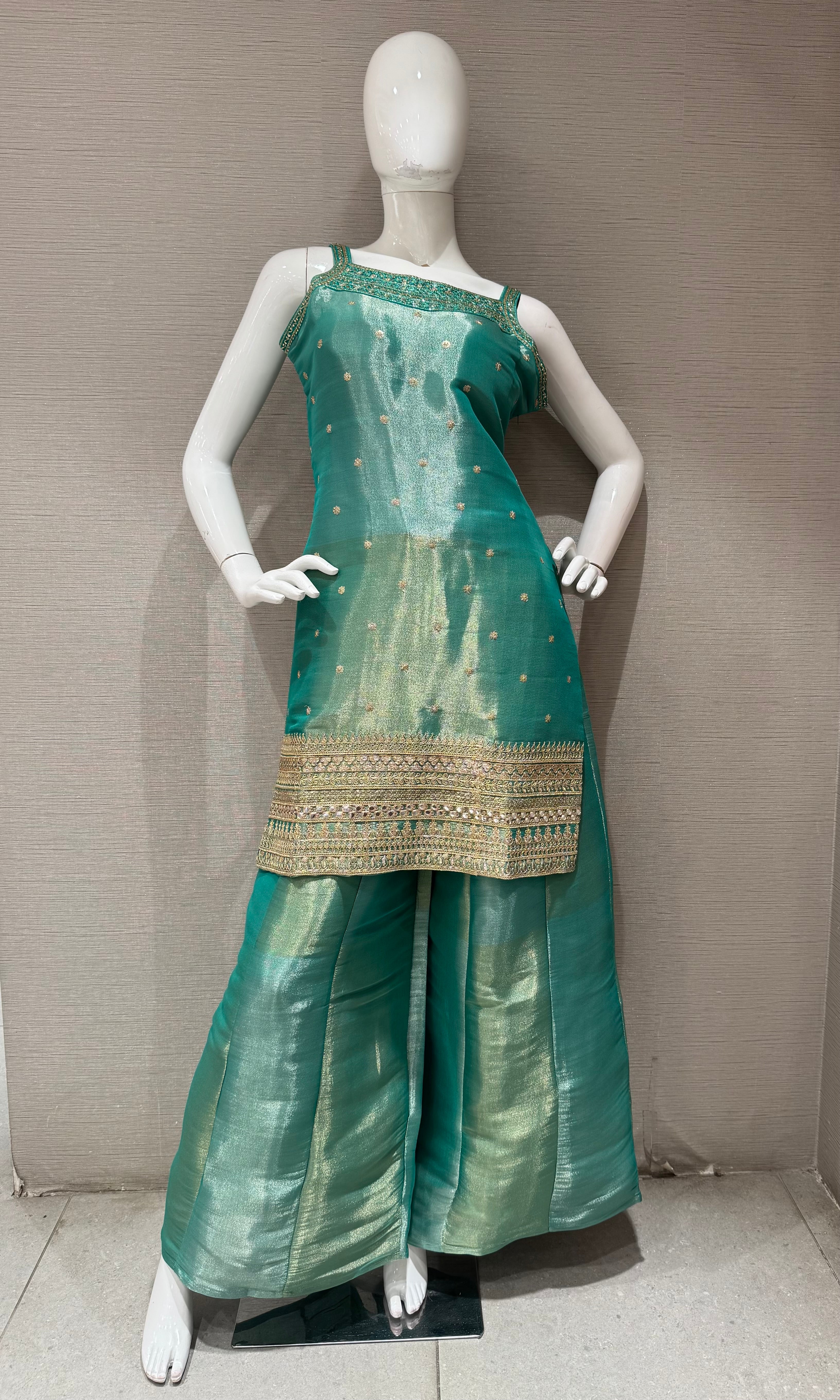 Green and Gold Zari Sharara set with Sheer Dupatta