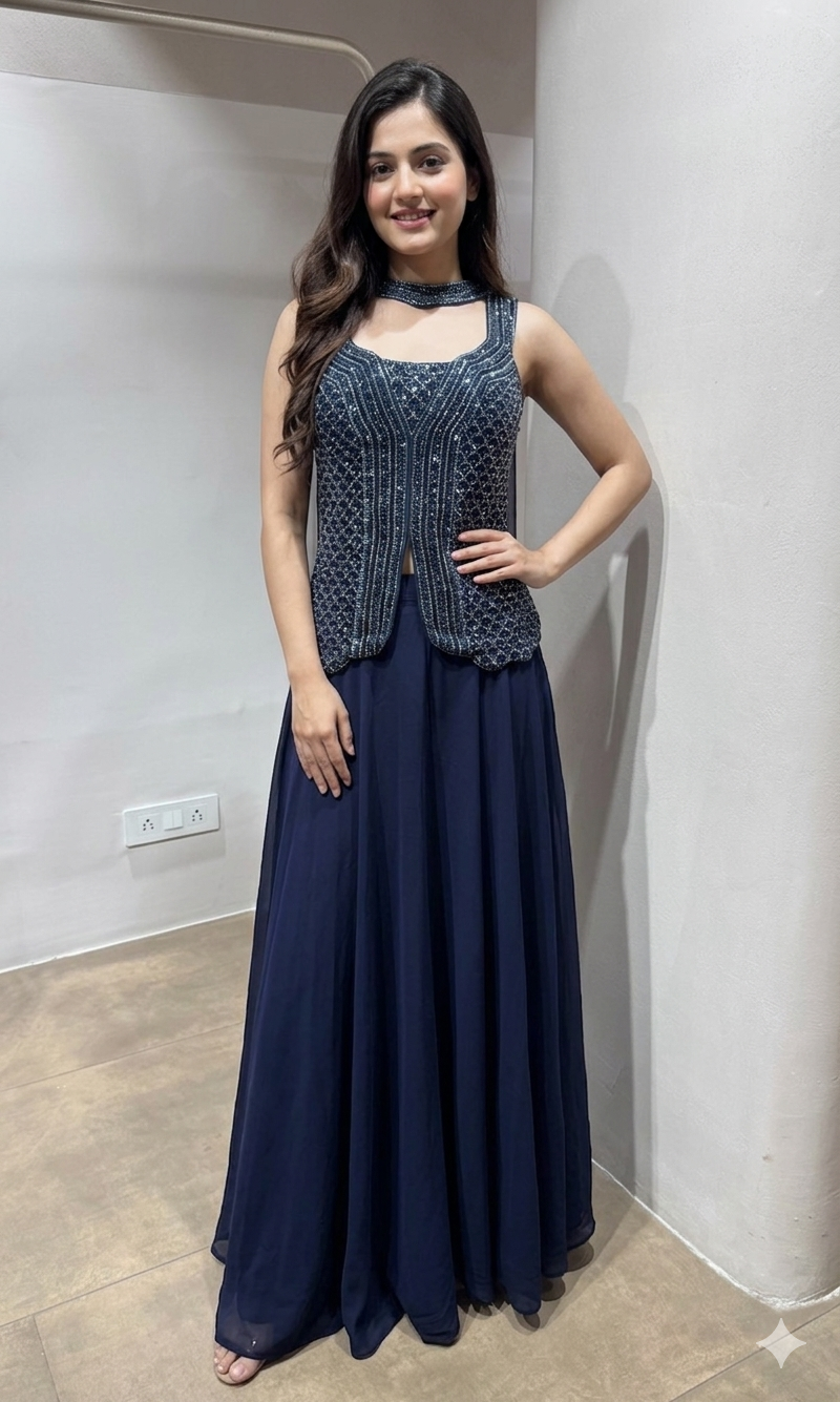 navy blue georgette sequin palazzo set