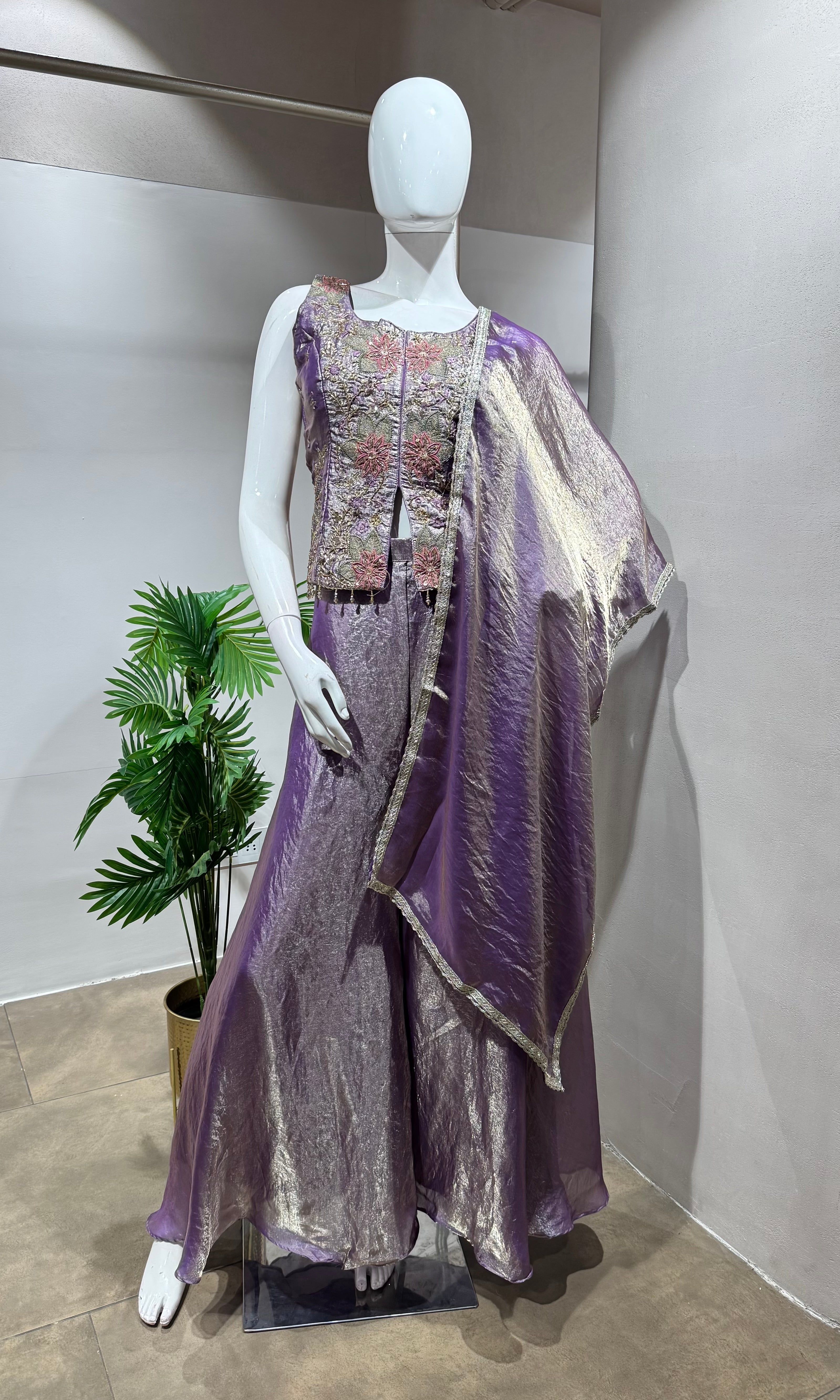 purple blossom tissue palazzo set