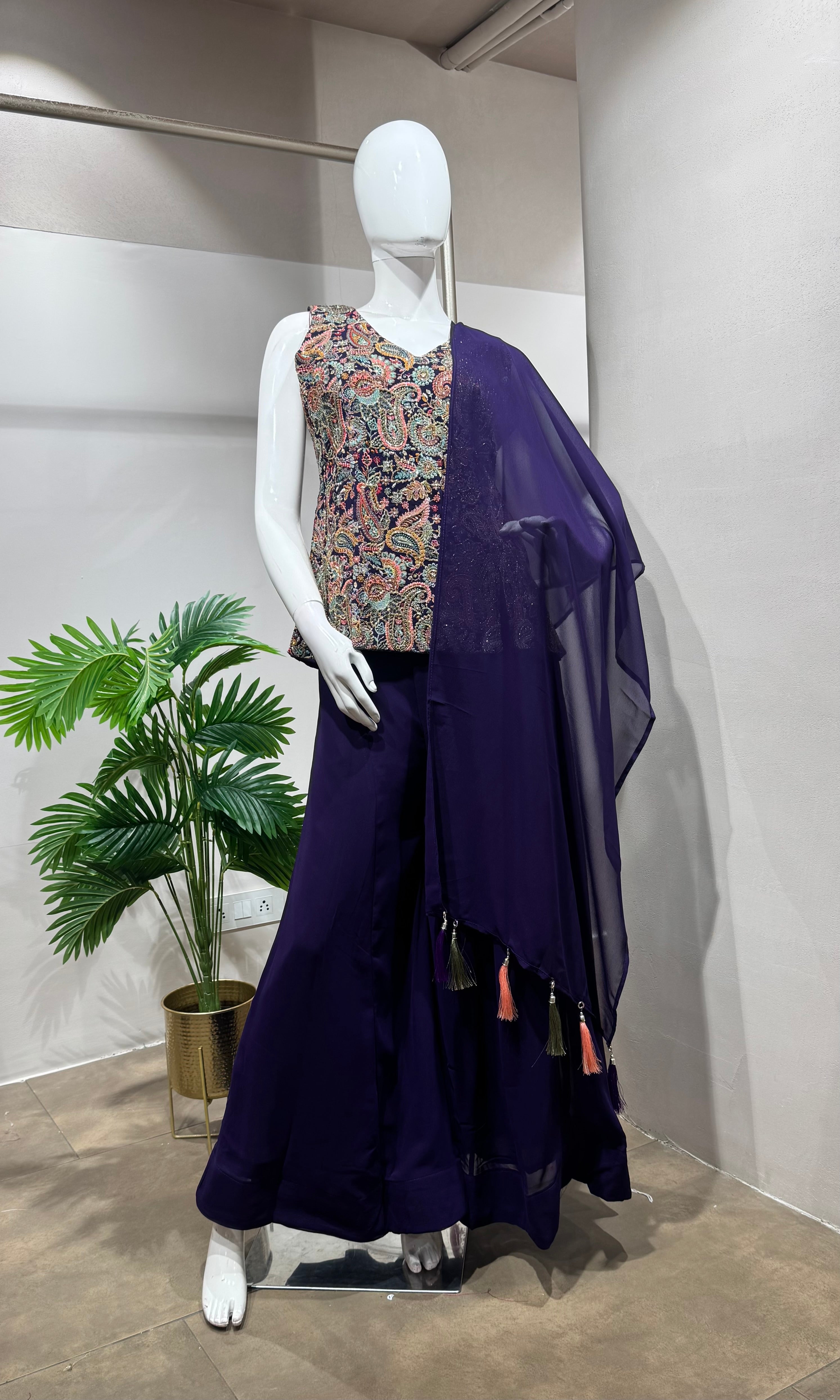 Purple embroidered georgette palazzo set