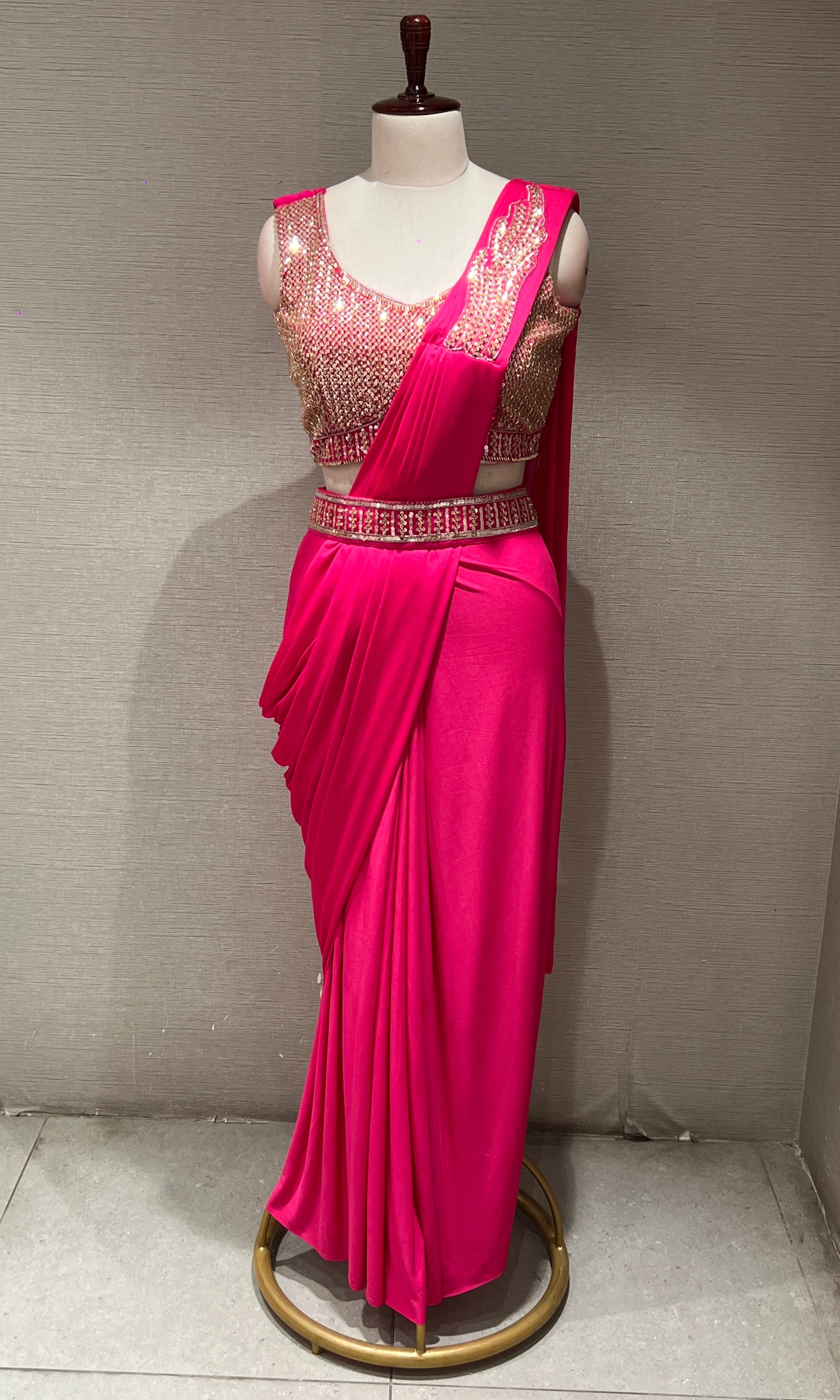 pink drape saree with embroiderY blouse & belt