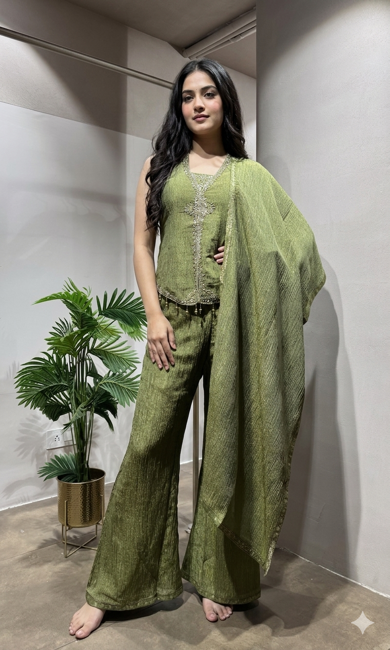 Green Printed Floral V Neck Sharara Set