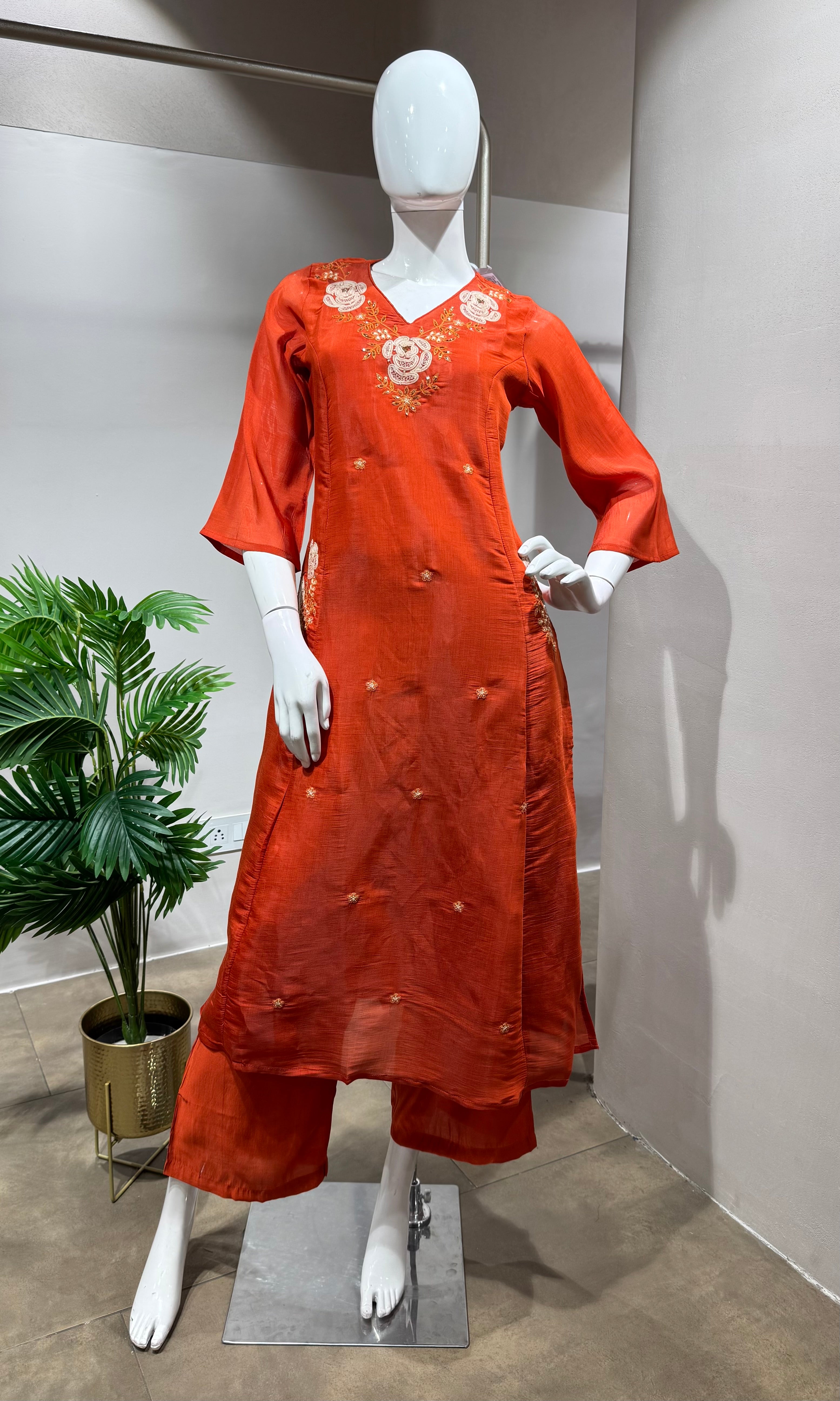 rust orange floral embroidered kurta set