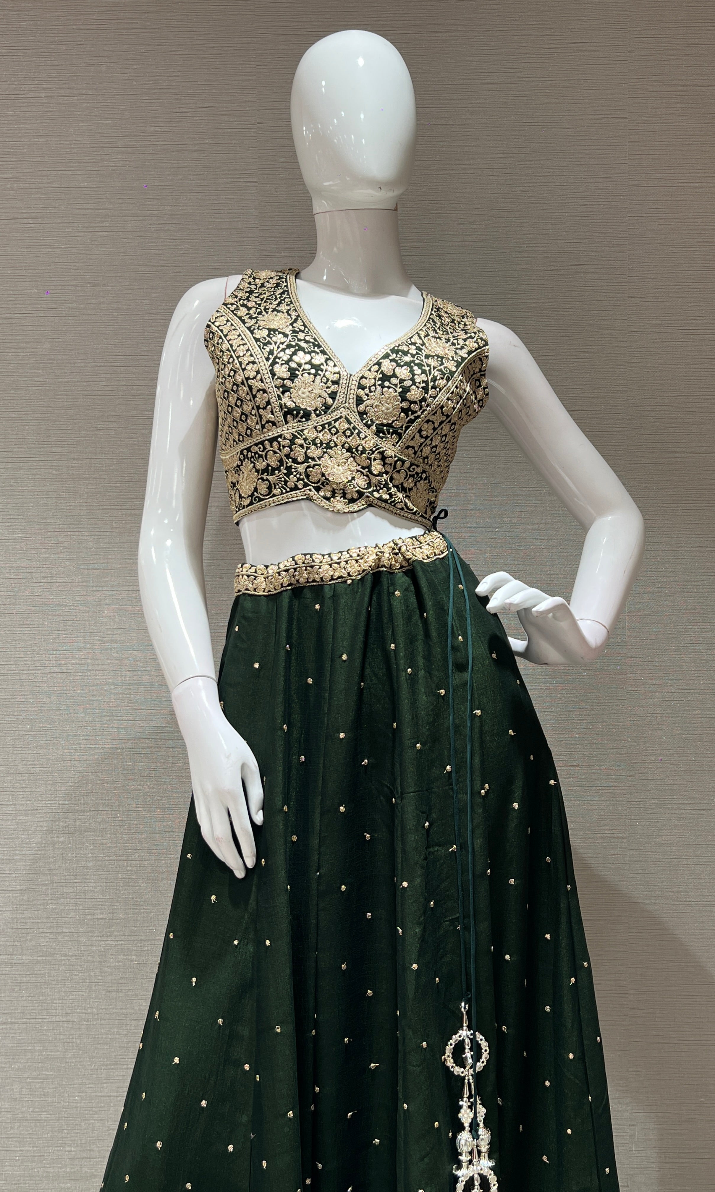 Bottle green golden embroidered lehanga