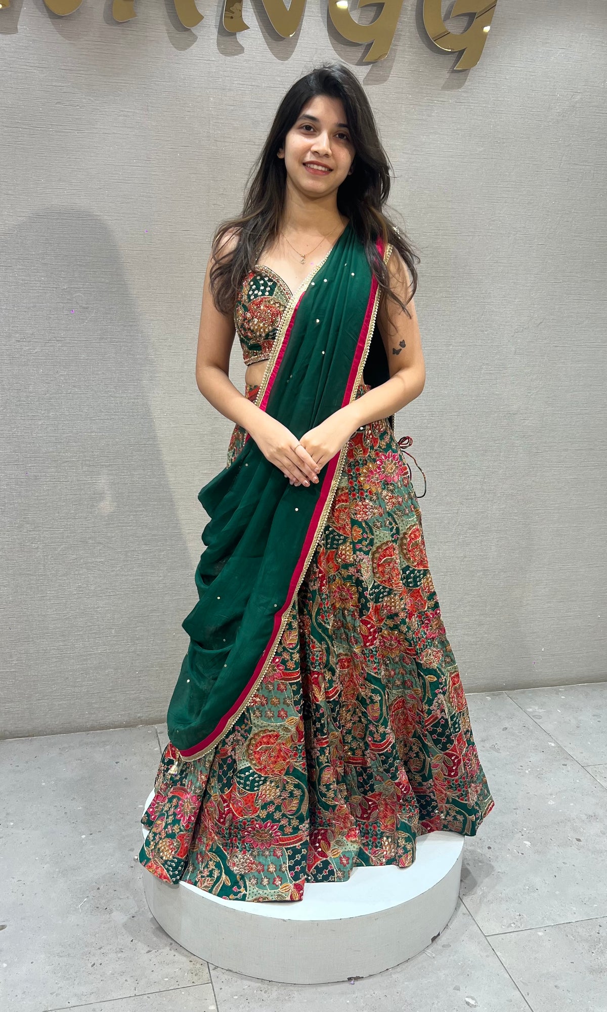 Green silk Intricate floral printed lehenga set