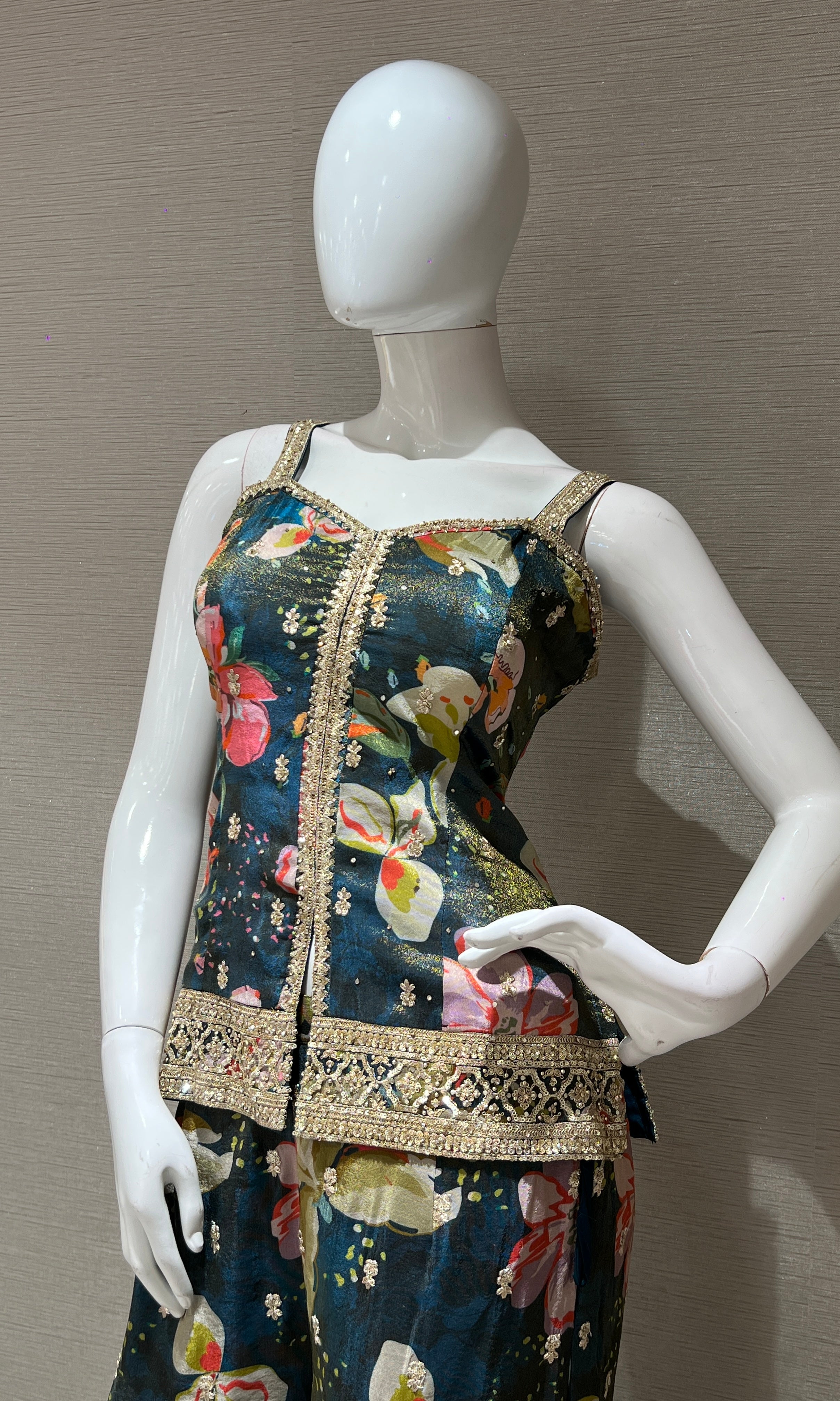 peacock Green floral print sharara set with short blouse