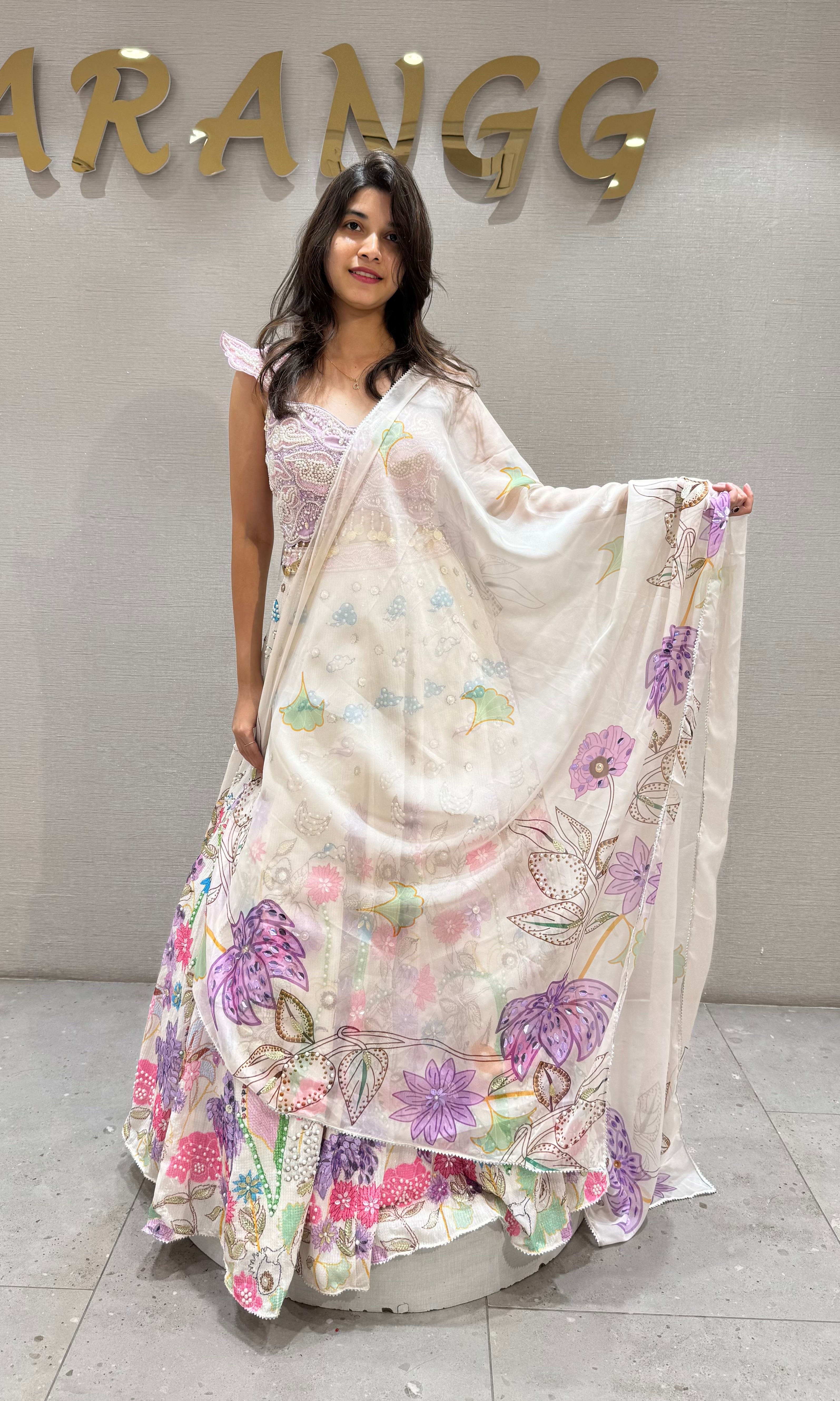 White Multicolor Floral Printed LEHENGA