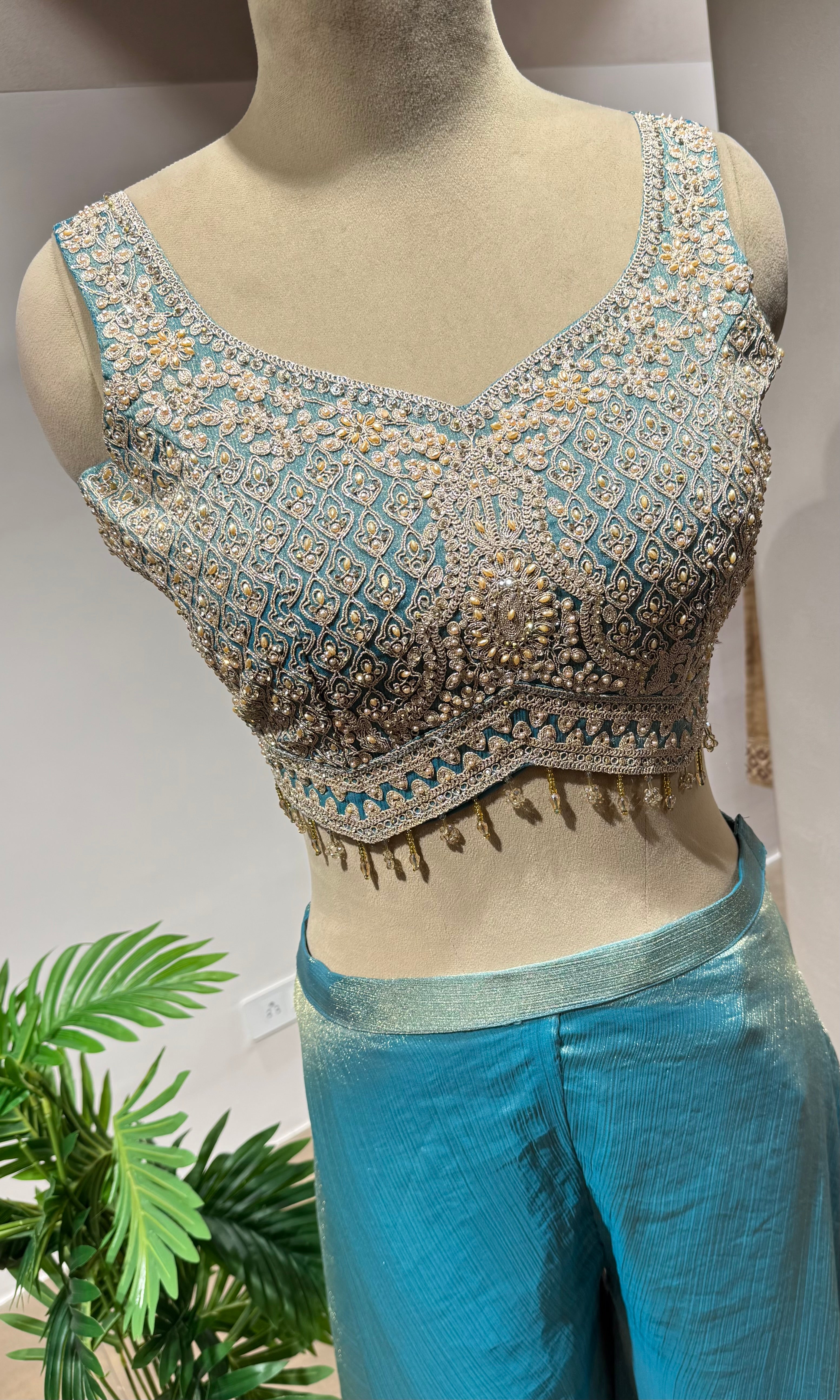 Sea green CROP TOP PALAZZO WITH CAPE