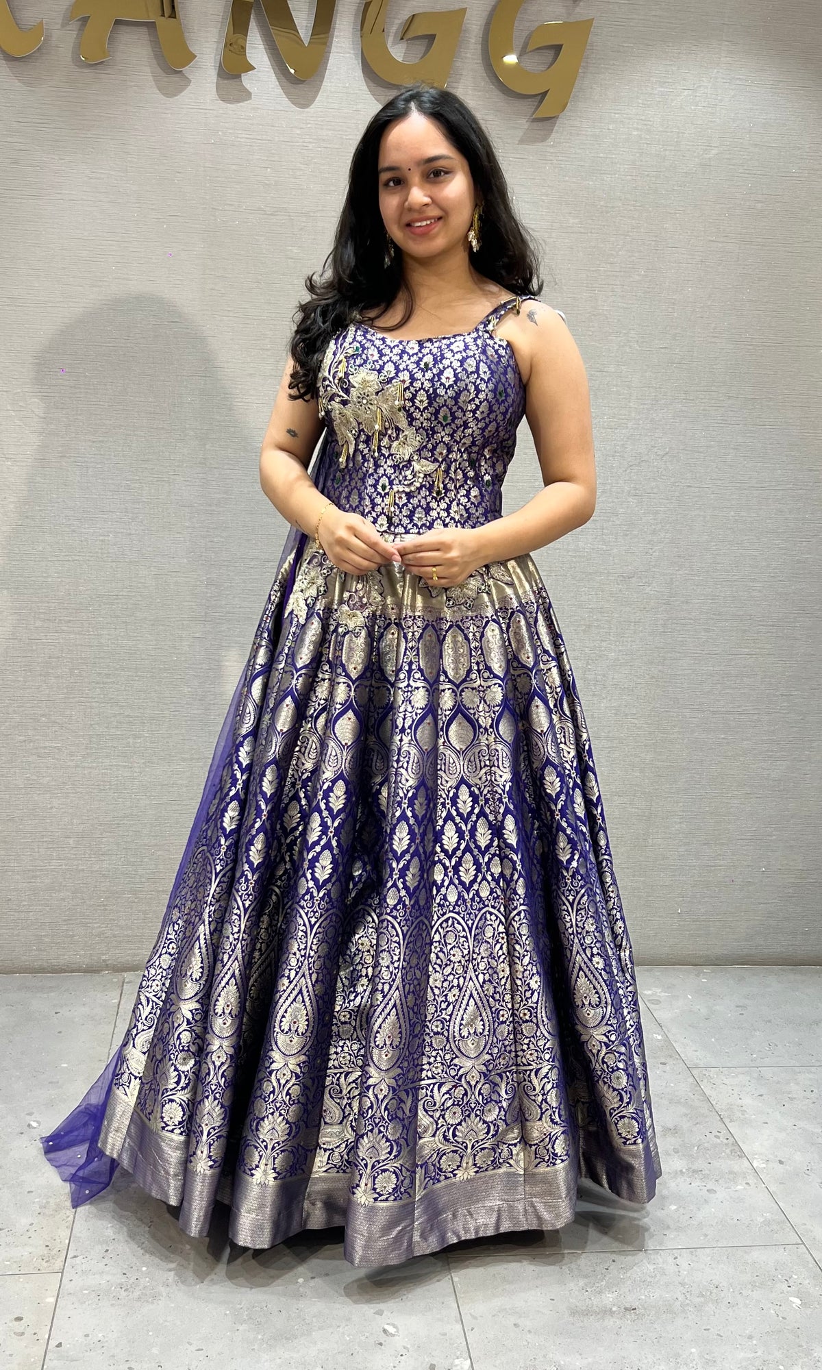 Purple Banarasi lehenga with corset blouse