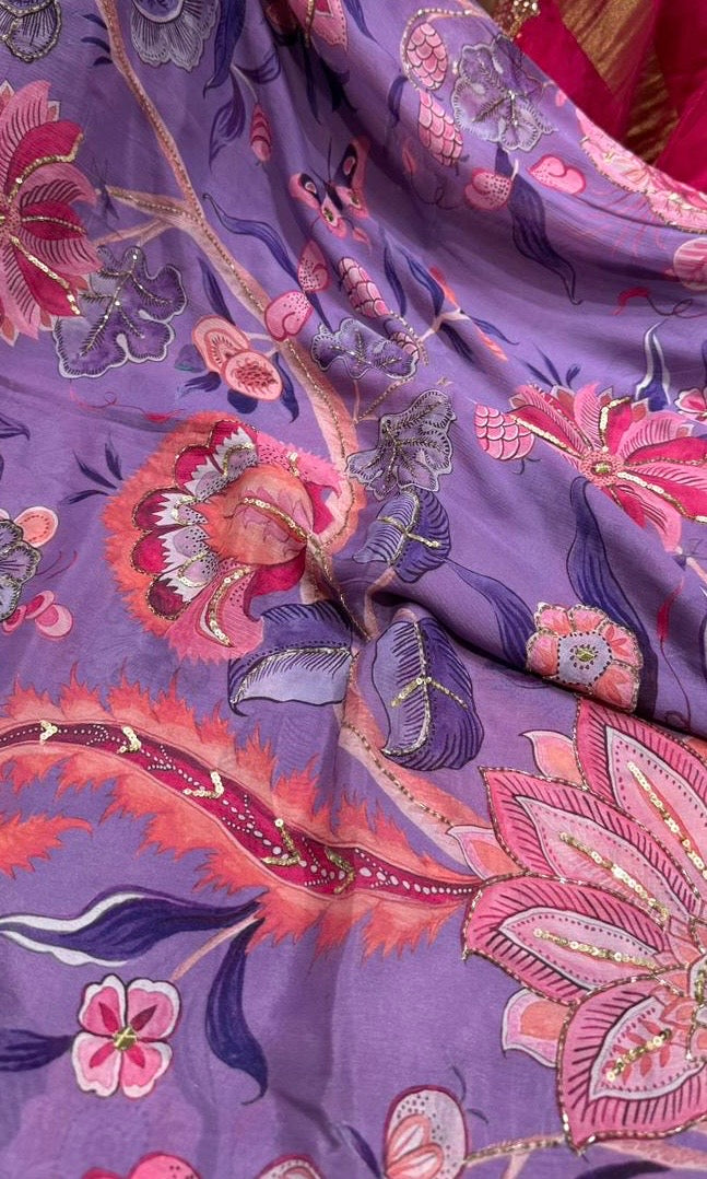 Purple floral saree with ready blouse