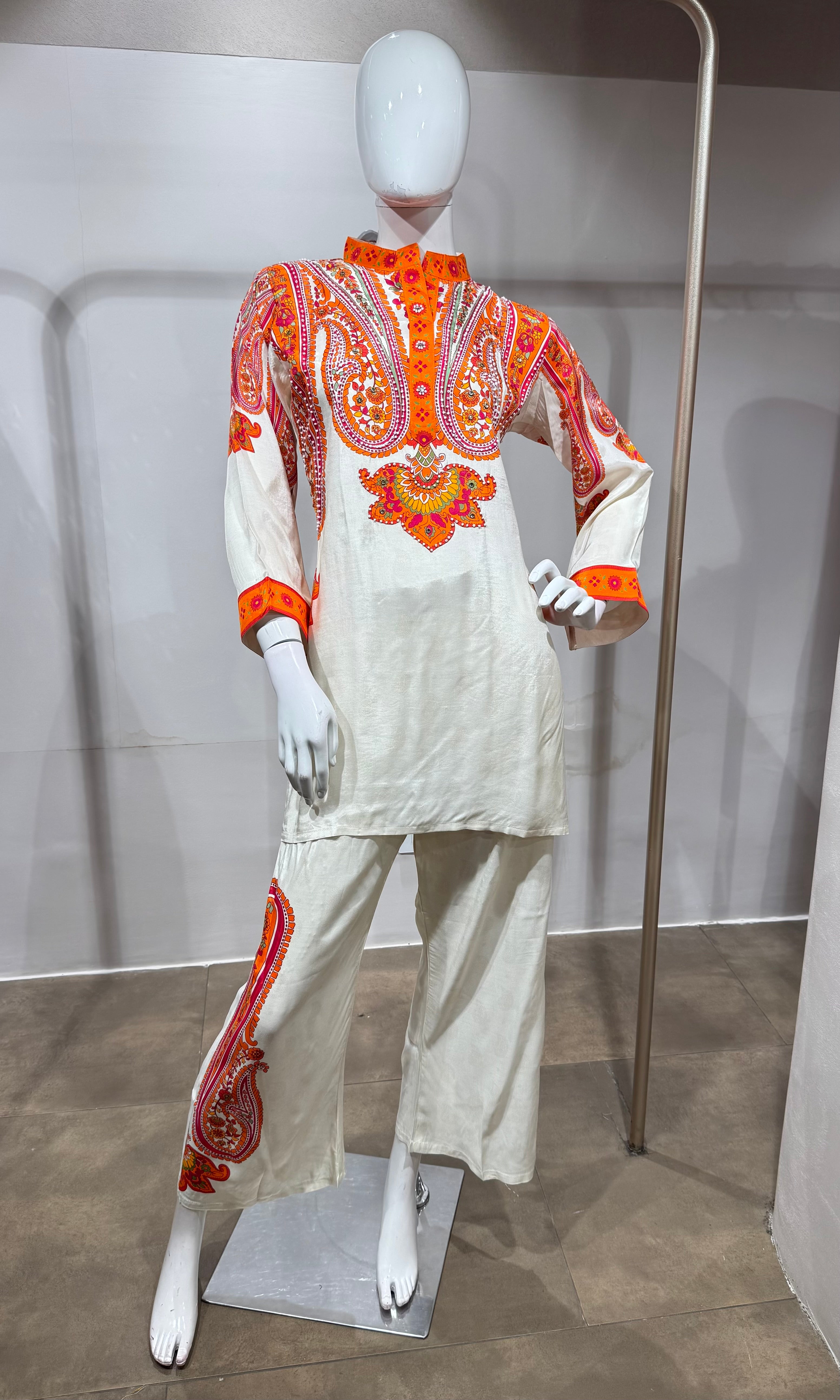 Classic White Orange Ethnic Printed Cord set