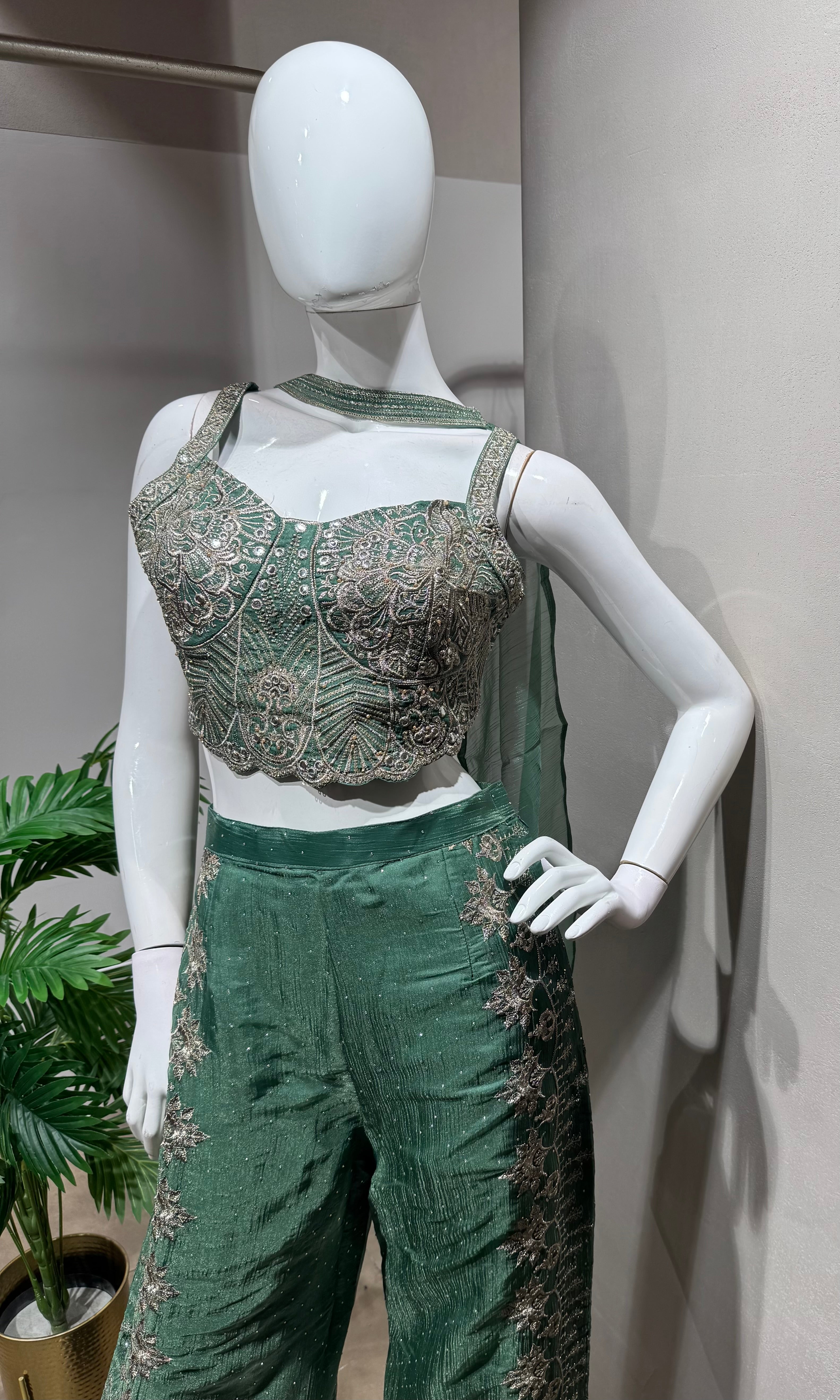 green sequins crop top and palazzo set