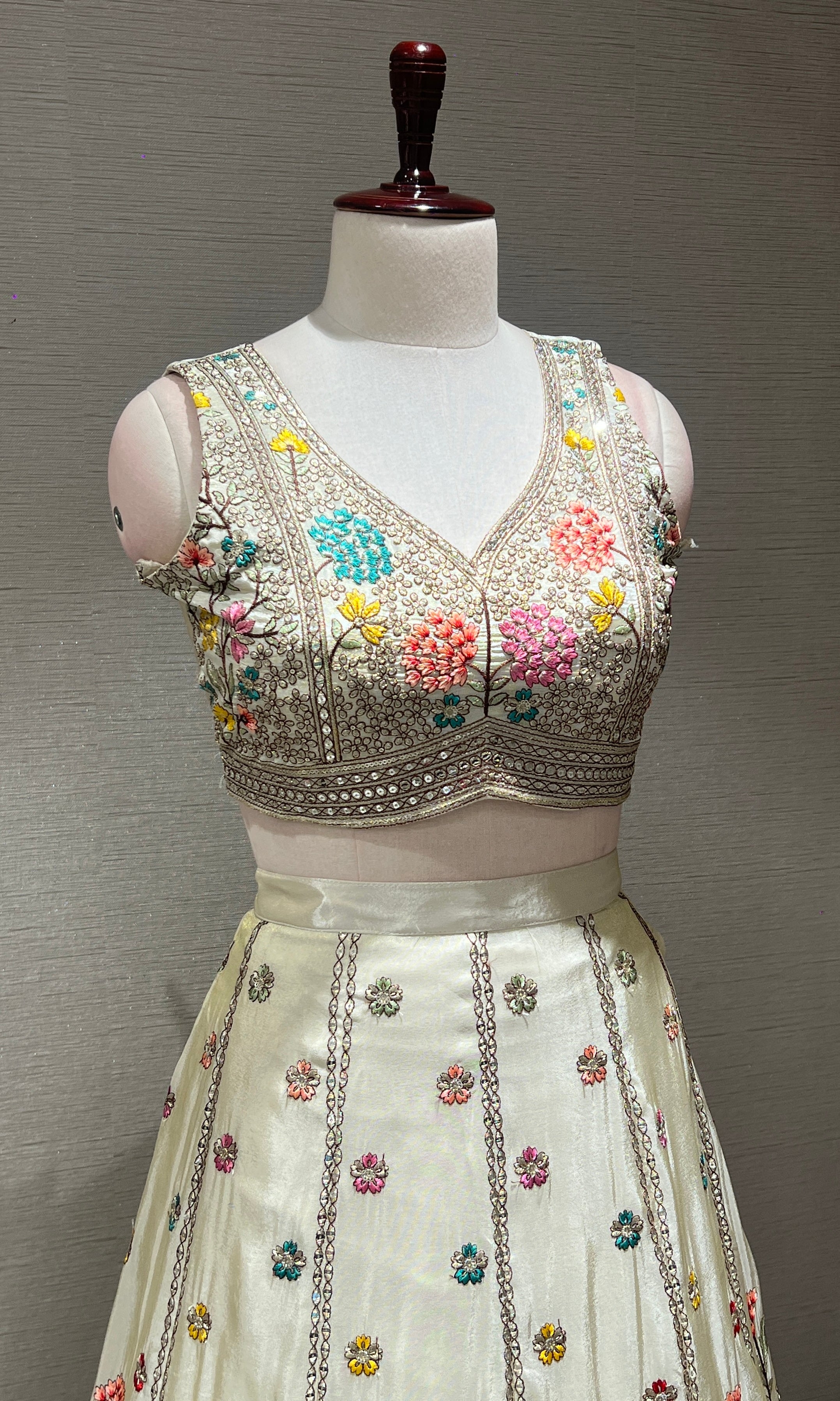 Half white floral embroidery Lehenga