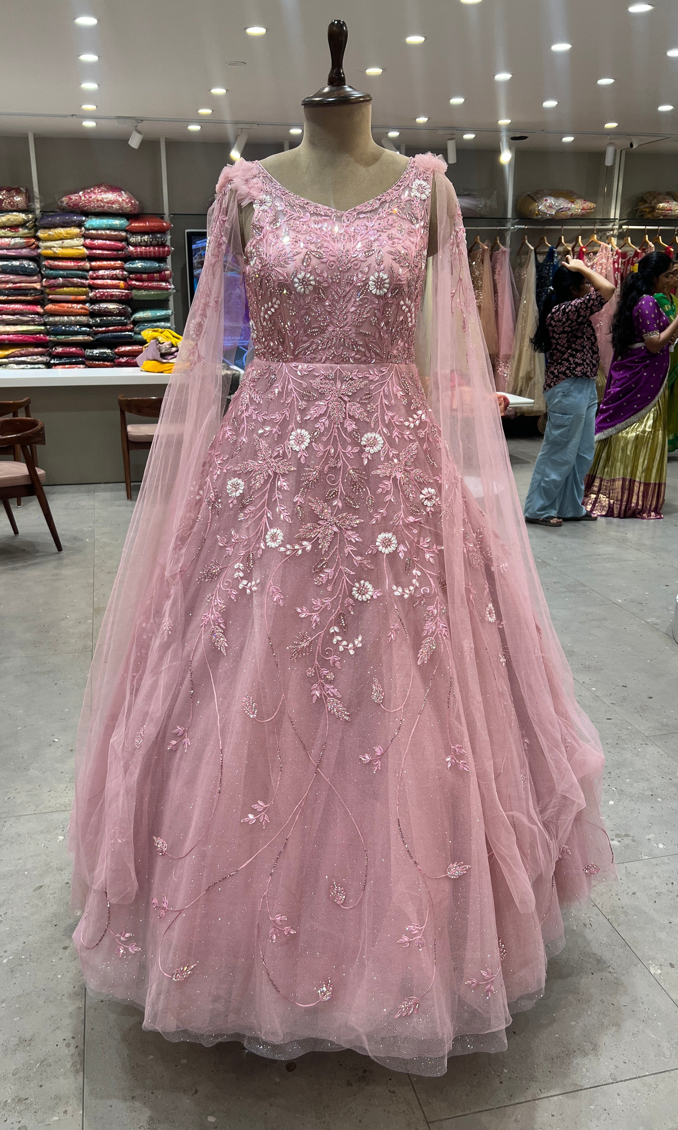 BUBBLEGUM piNK CRYSTAL EMBROIDERY NET GOWN
