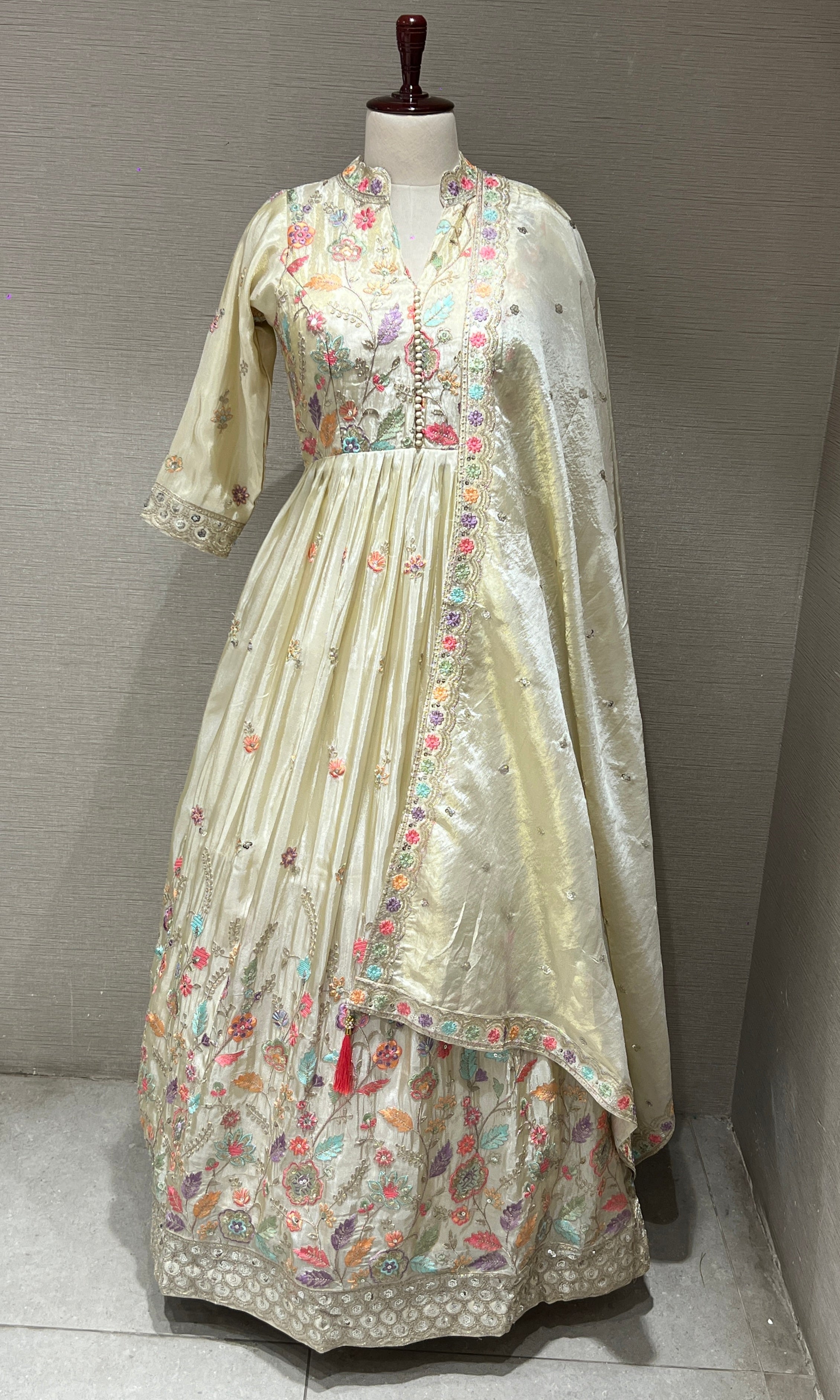 Pearl Glow Cream Anarkali Gown with Floral Detailing