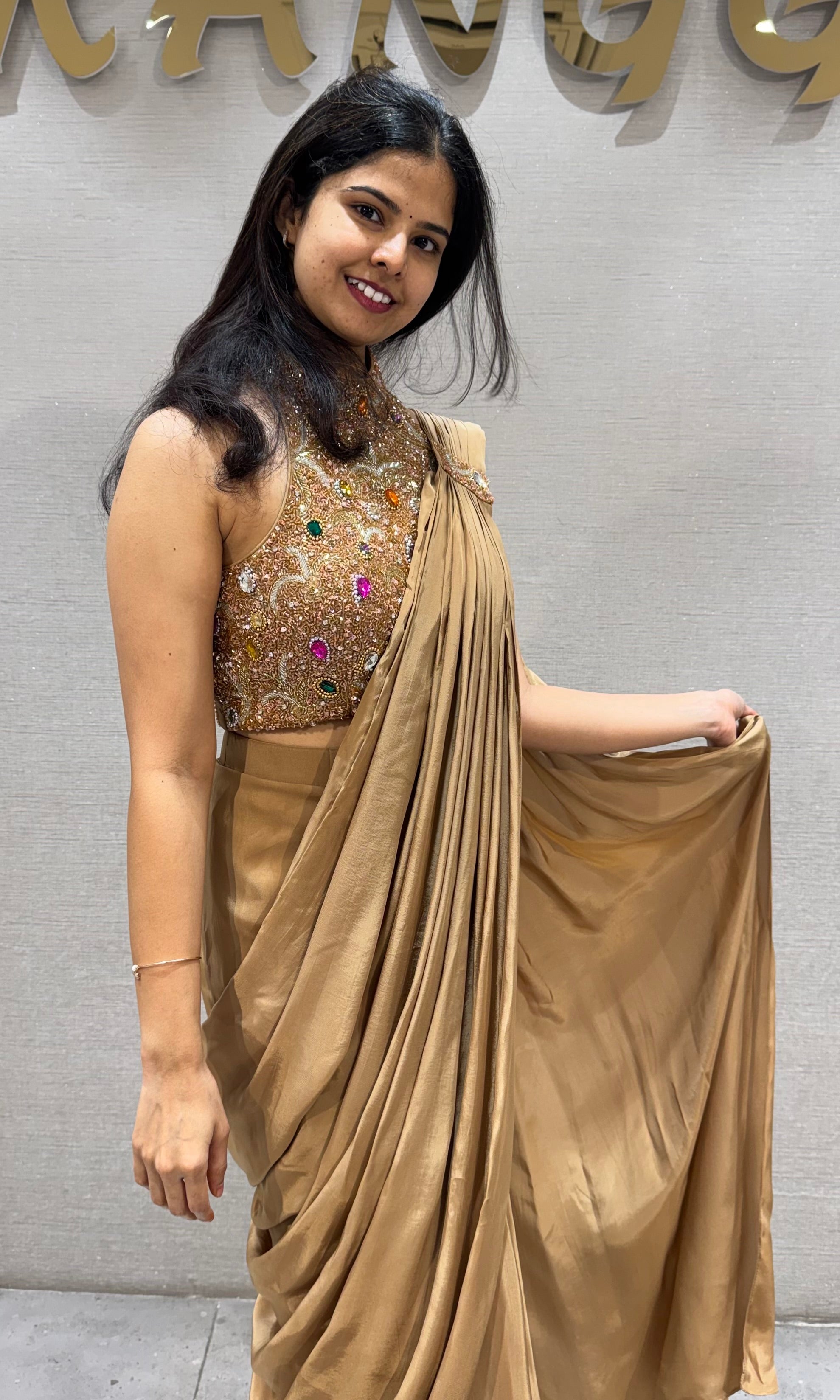 Gold Silk Saree with Floral Embellished Stone Blouse