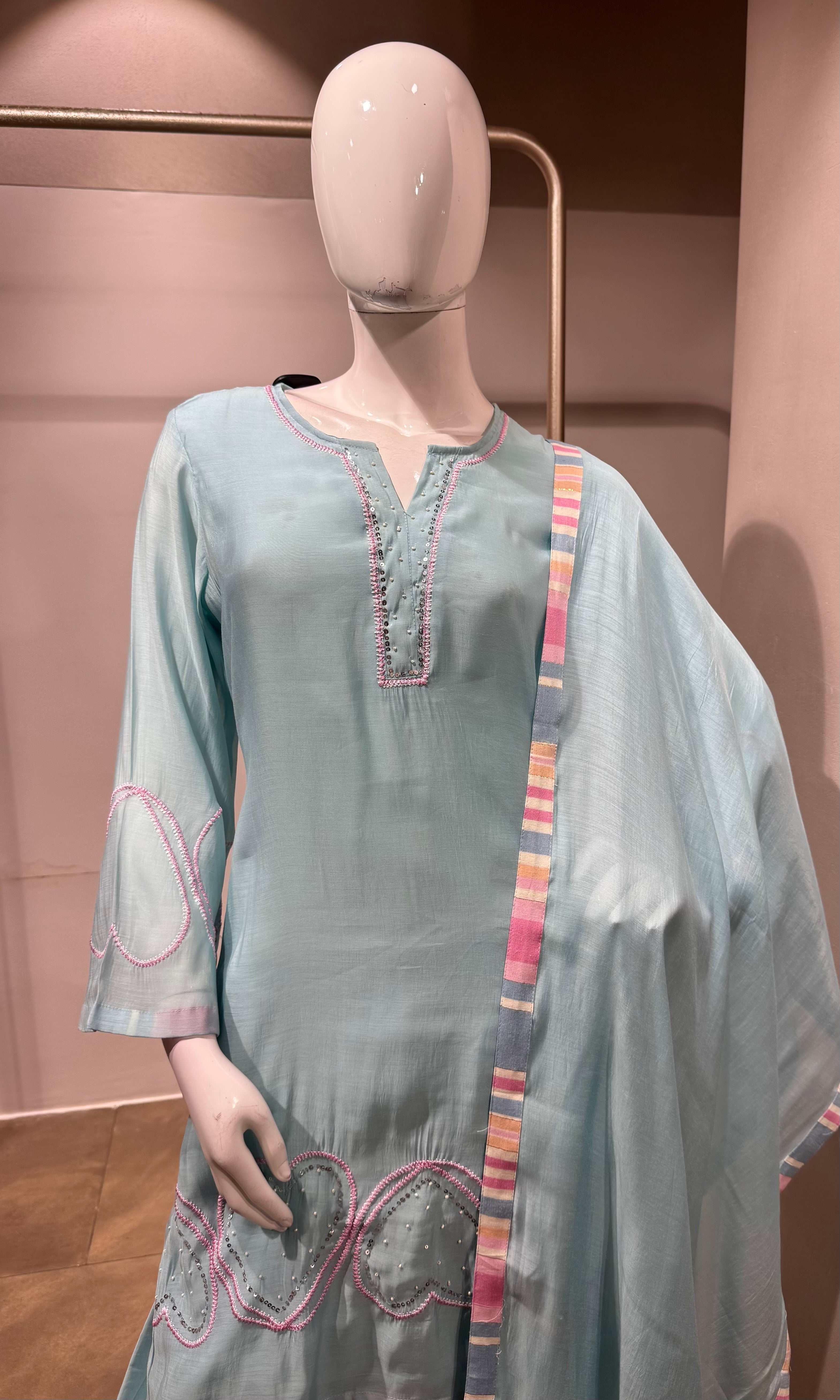 Sky Blue Kurta Suit with Multicolor Dupatta