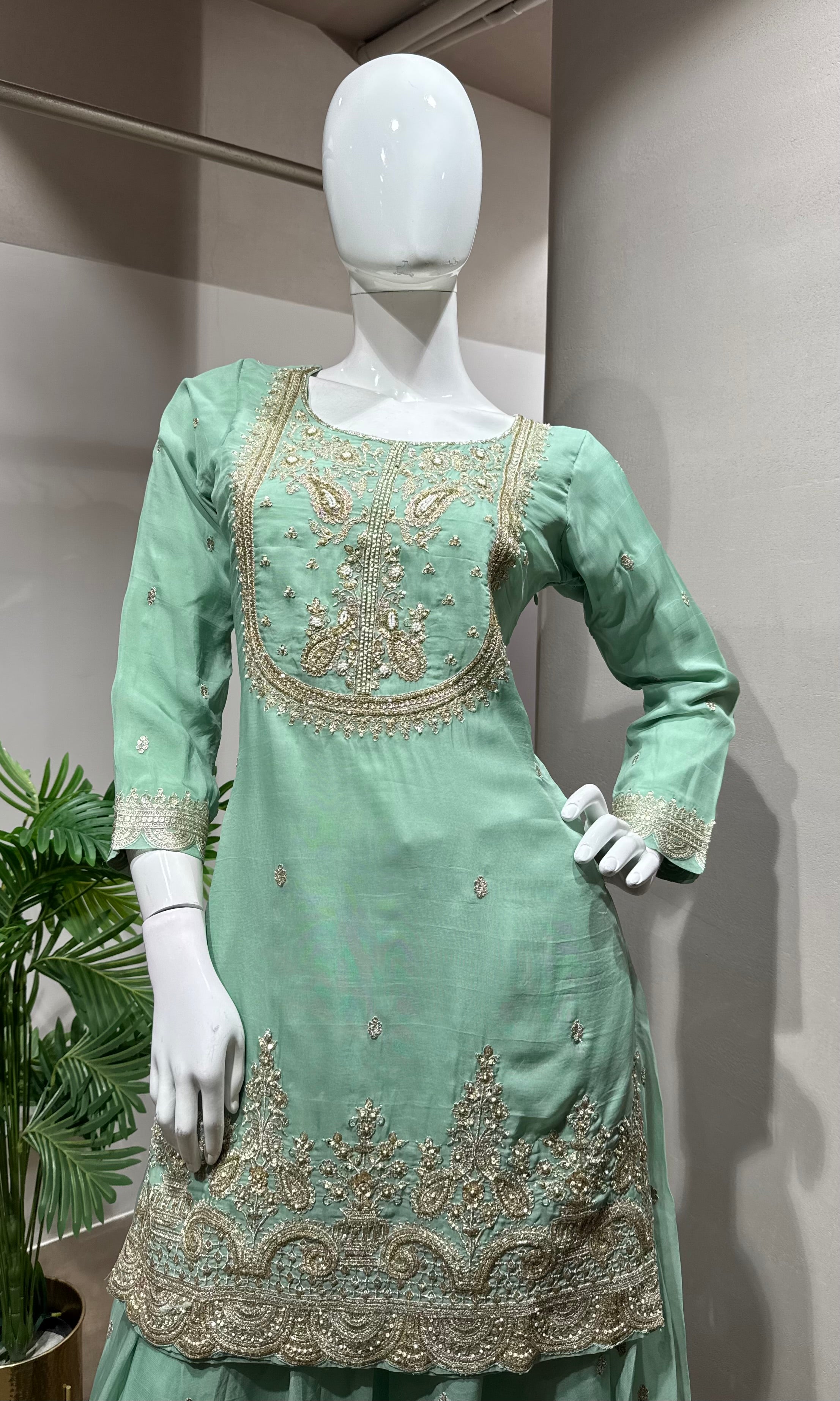 green silk embroidered sharara set