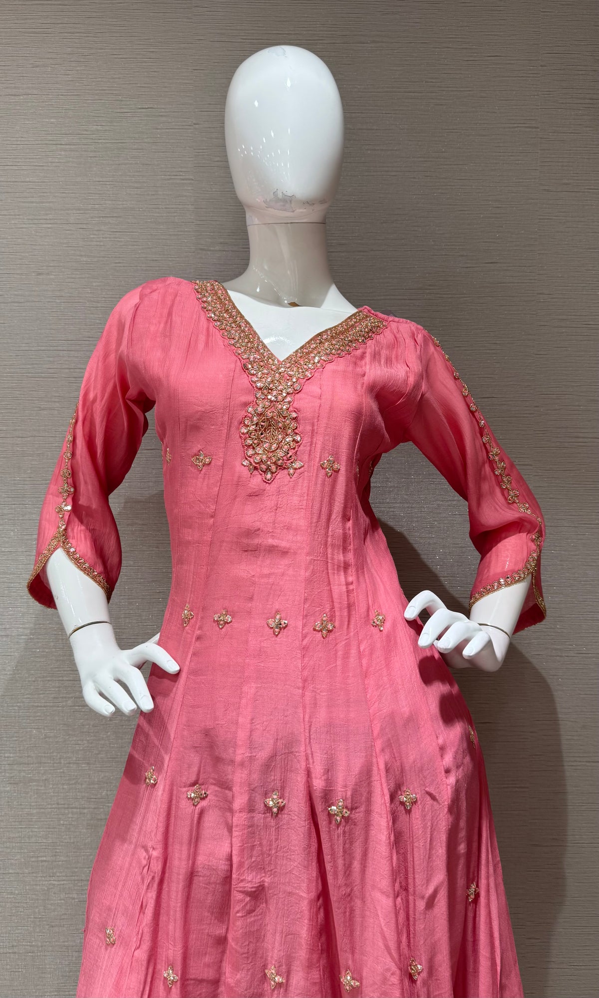 Rose Pink Silk golden Anarkali set with dupatta
