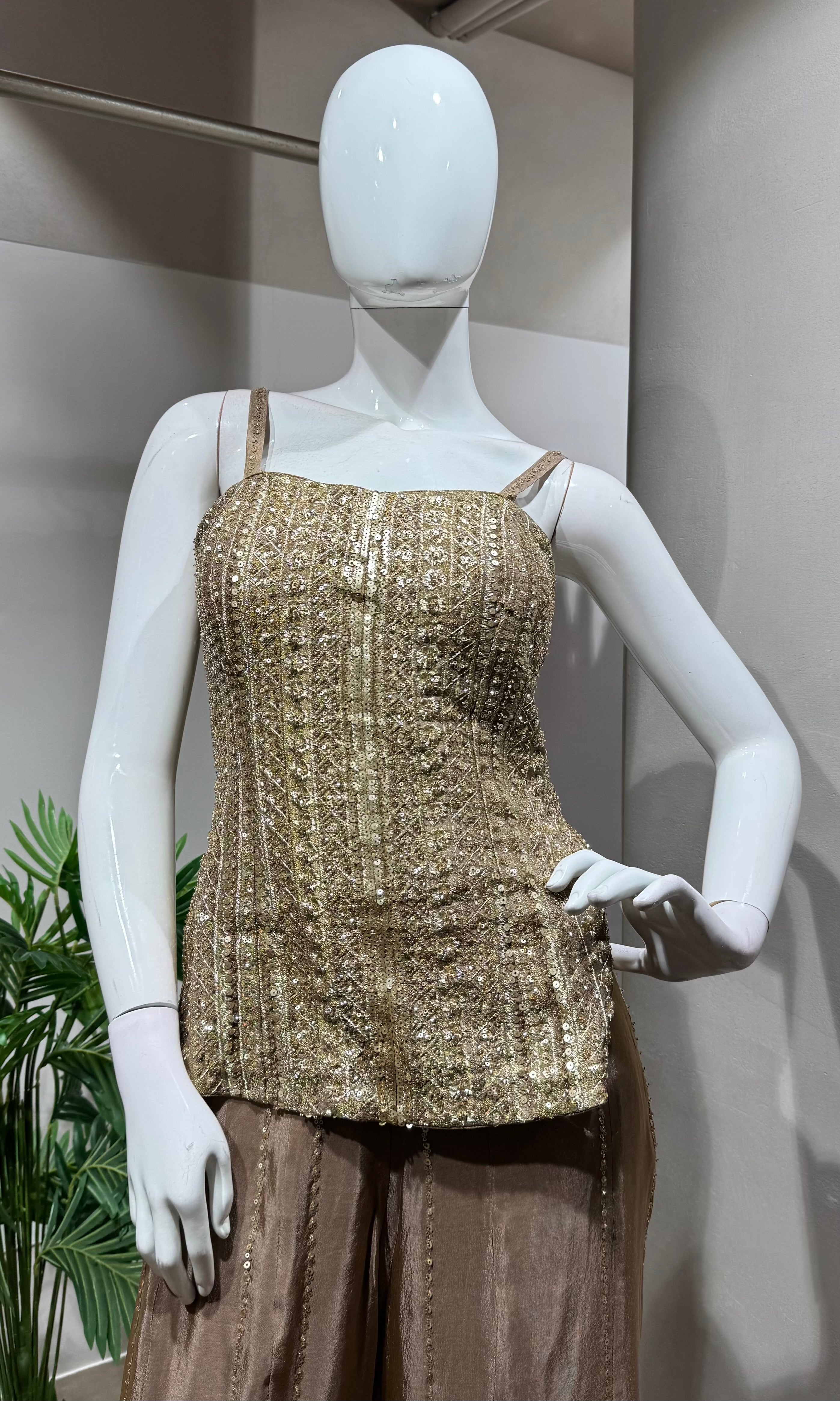 gold mirror work embroidered sharara set