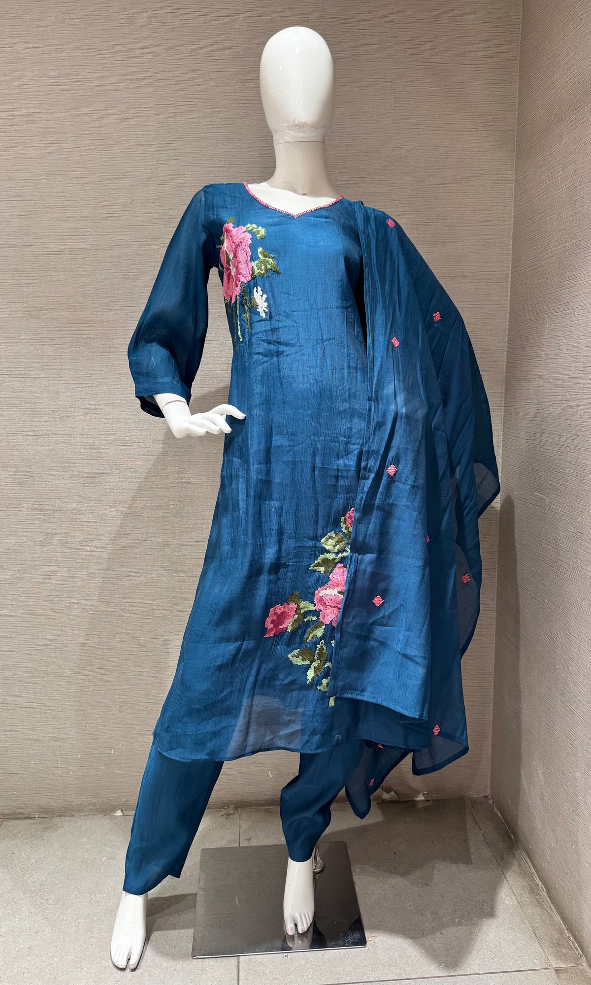 Blue Floral Embroidered Cotton Kurta Set with Dupatta