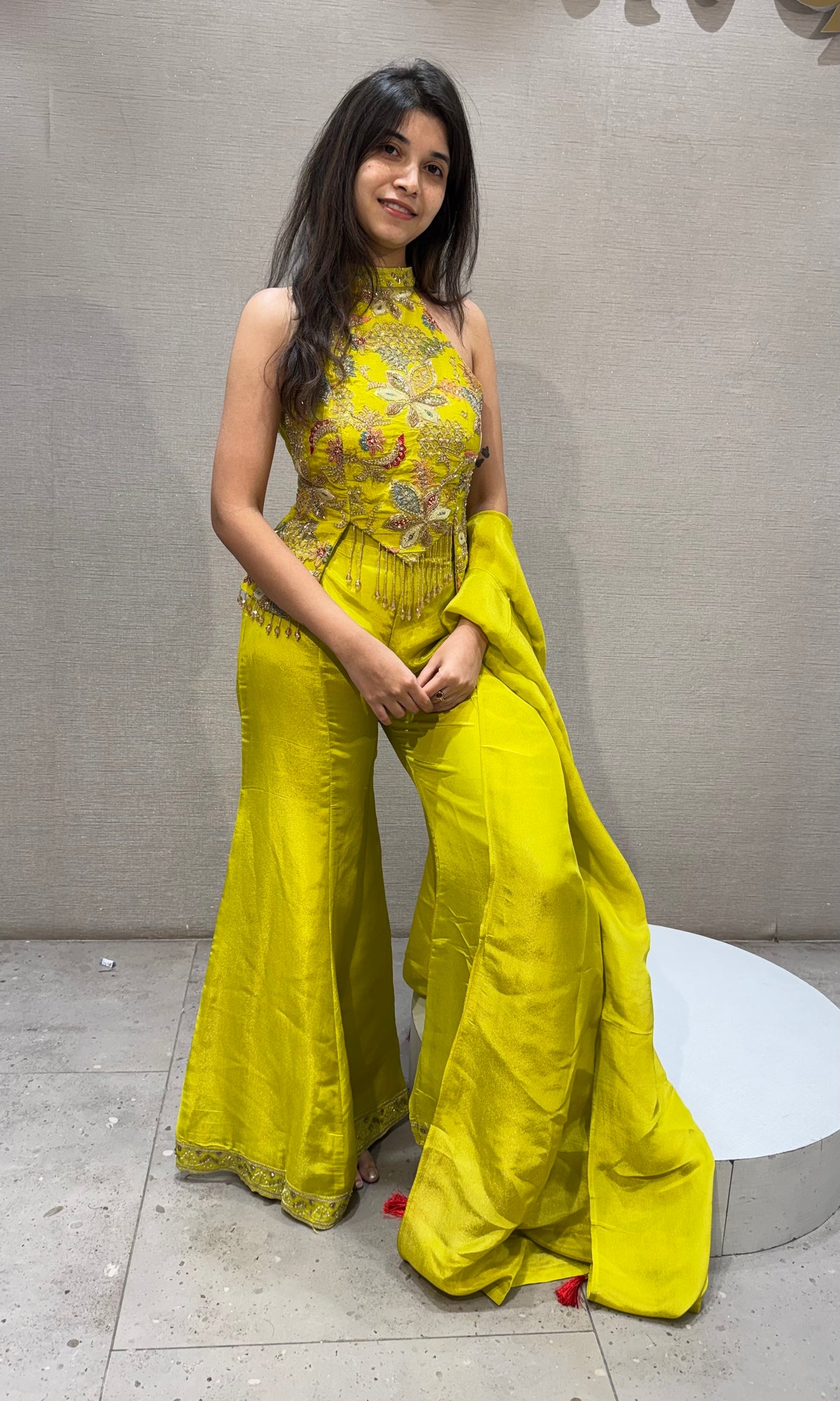 liril yellow silk embroidered halter top palazzo set with dupatta